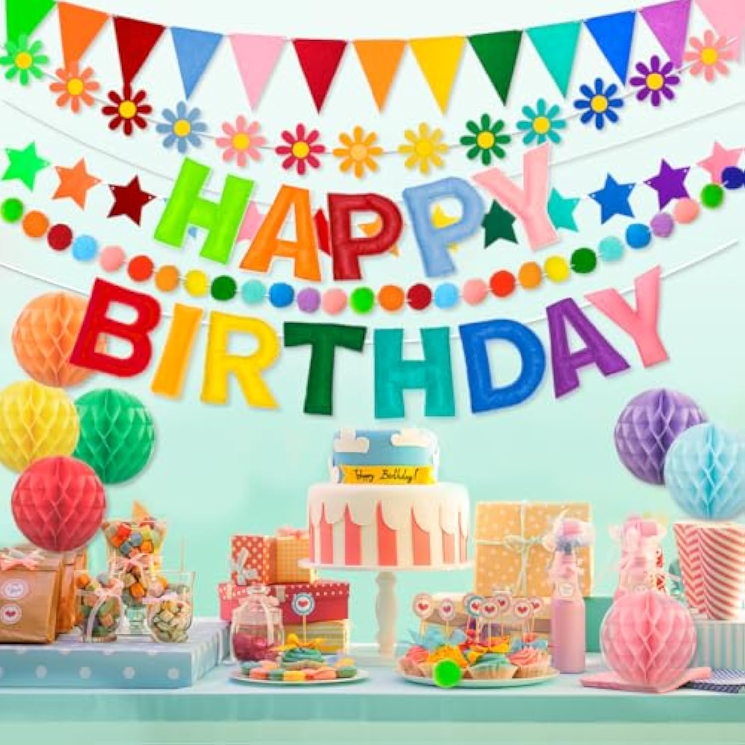 Happy Birthday Banner Set With Pre-Strung 3D Felt Happy Birthday Banner, Pom Pom Garland, Triangle Fabric Bunting, Five-Pointed Star And Sunflower Banner, 7 Pcs Honeycomb Balls