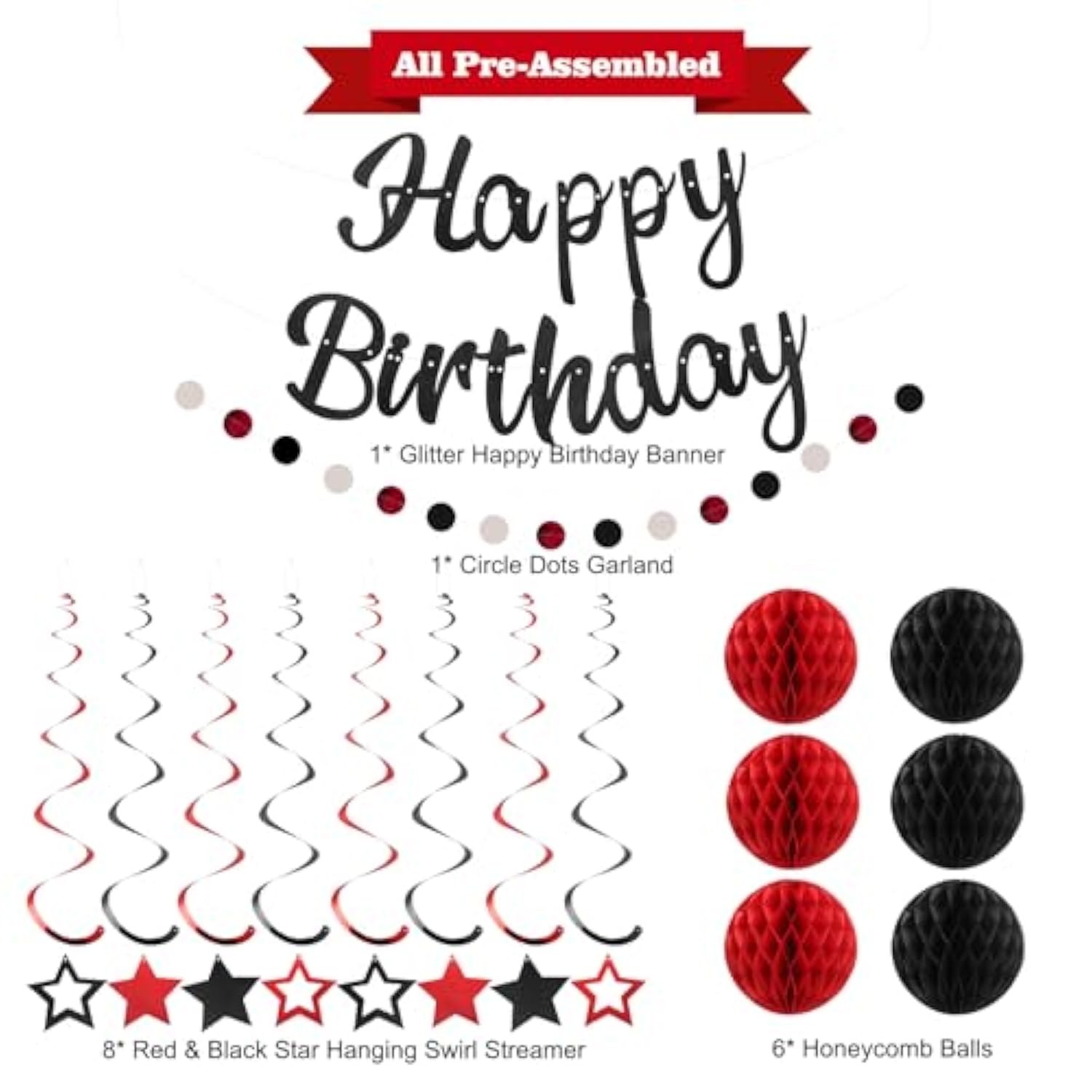 Pre-Strung Red & Black Birthday Decorations  Banner, Honeycomb Balls, Swirls and Garland – No DIY Needed