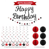 Pre-Strung Red & Black Birthday Decorations  Banner, Honeycomb Balls, Swirls and Garland – No DIY Needed