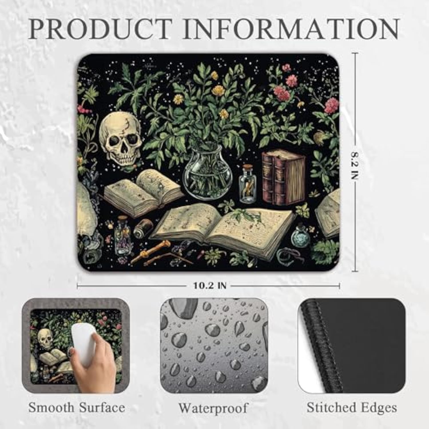 Goth Bookish Mouse Pad - Gothic Book Lovers Gifts, Gothic Office Supplies, Waterproof Non-Slip Rubber Base Skeleton Skull Mousepad For Wireless Mouse 7.9X9.5 Inch