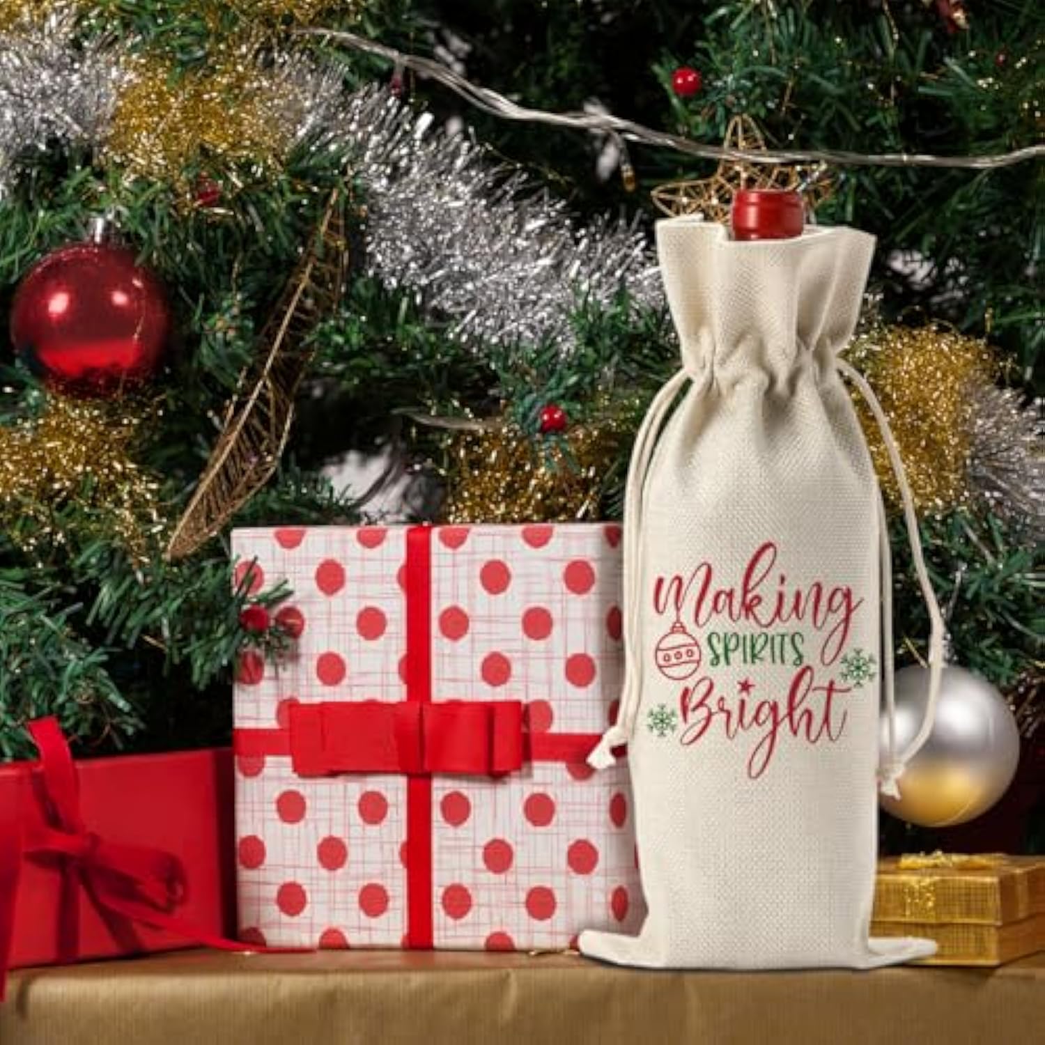 Christmas Wine Bags For Wine Bottles - Christmas Holiday Gifts For Women & Men - Making Spirits Bright Wine Bottle Bag