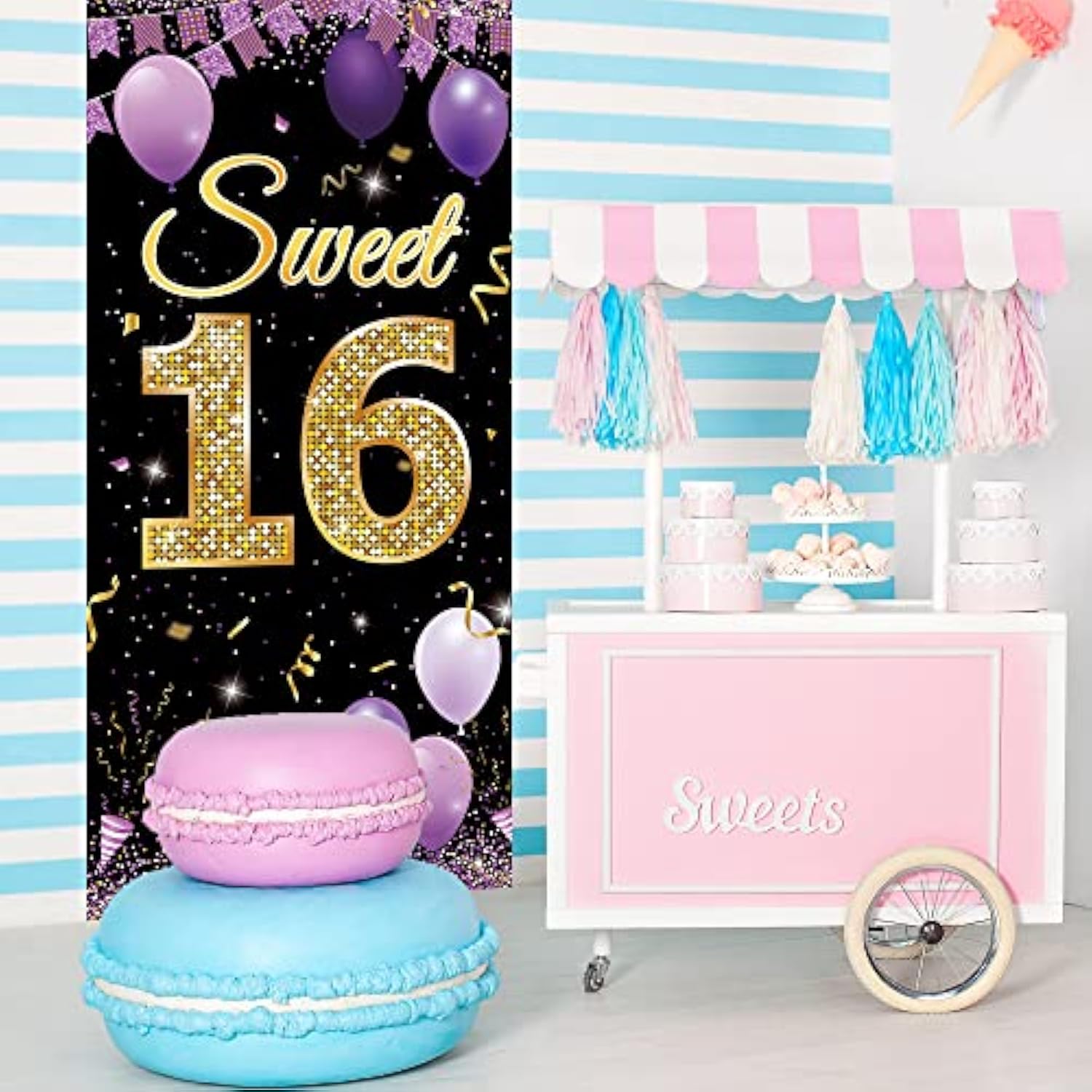 Sweet 16 Birthday Backdrop Door Banner, Happy 16Th Birthday Decoration