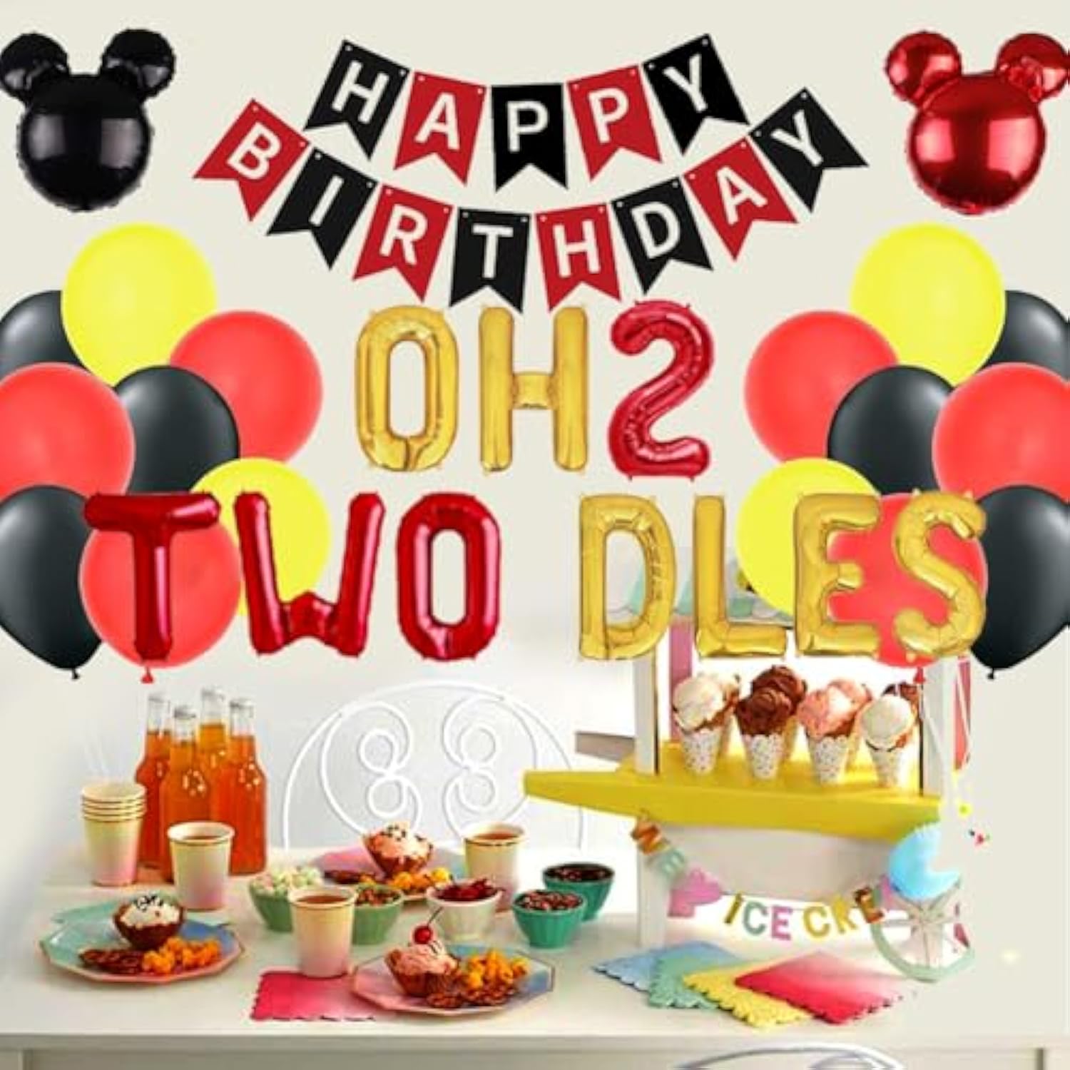 Oh Twodles Mickey Minnie 2nd Birthday Balloons & Happy Birthday Banner