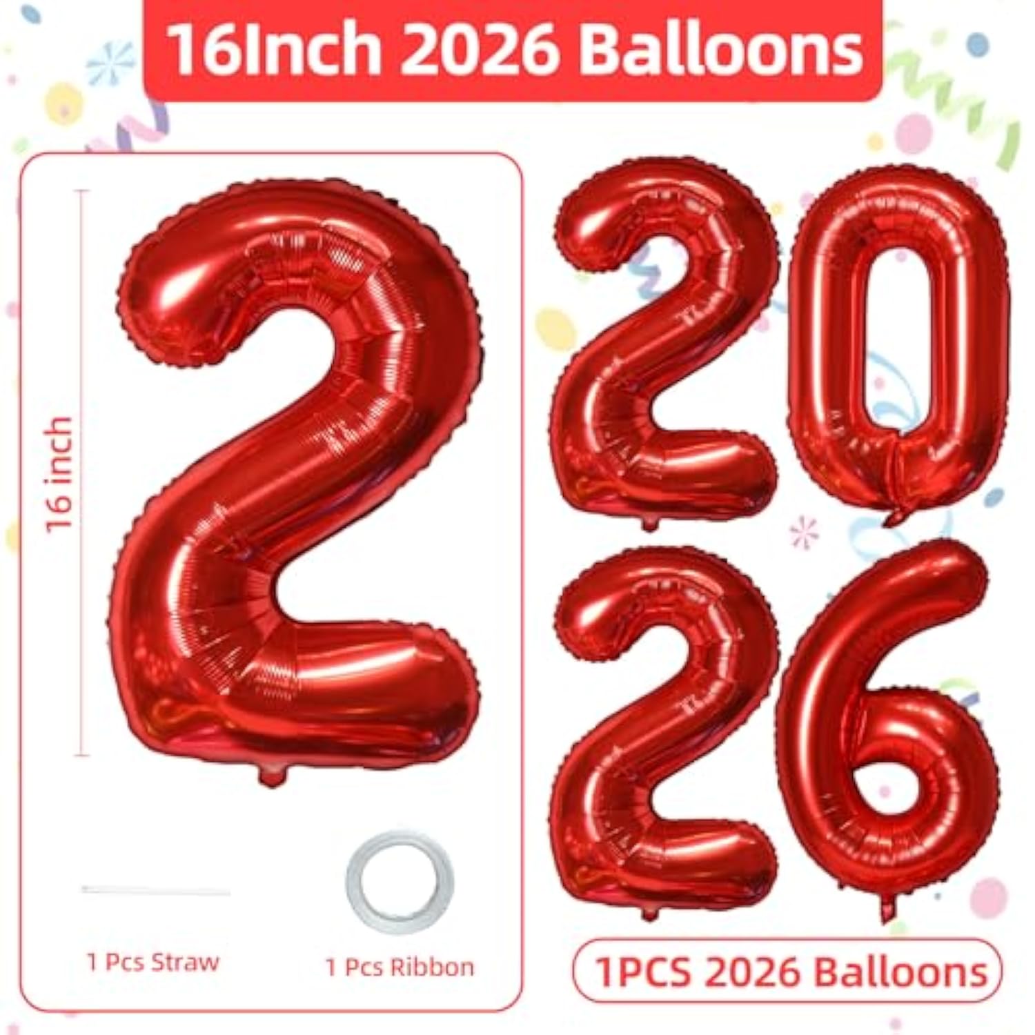 16 Inch Red 2026 Foil Number Balloons Party Supplies