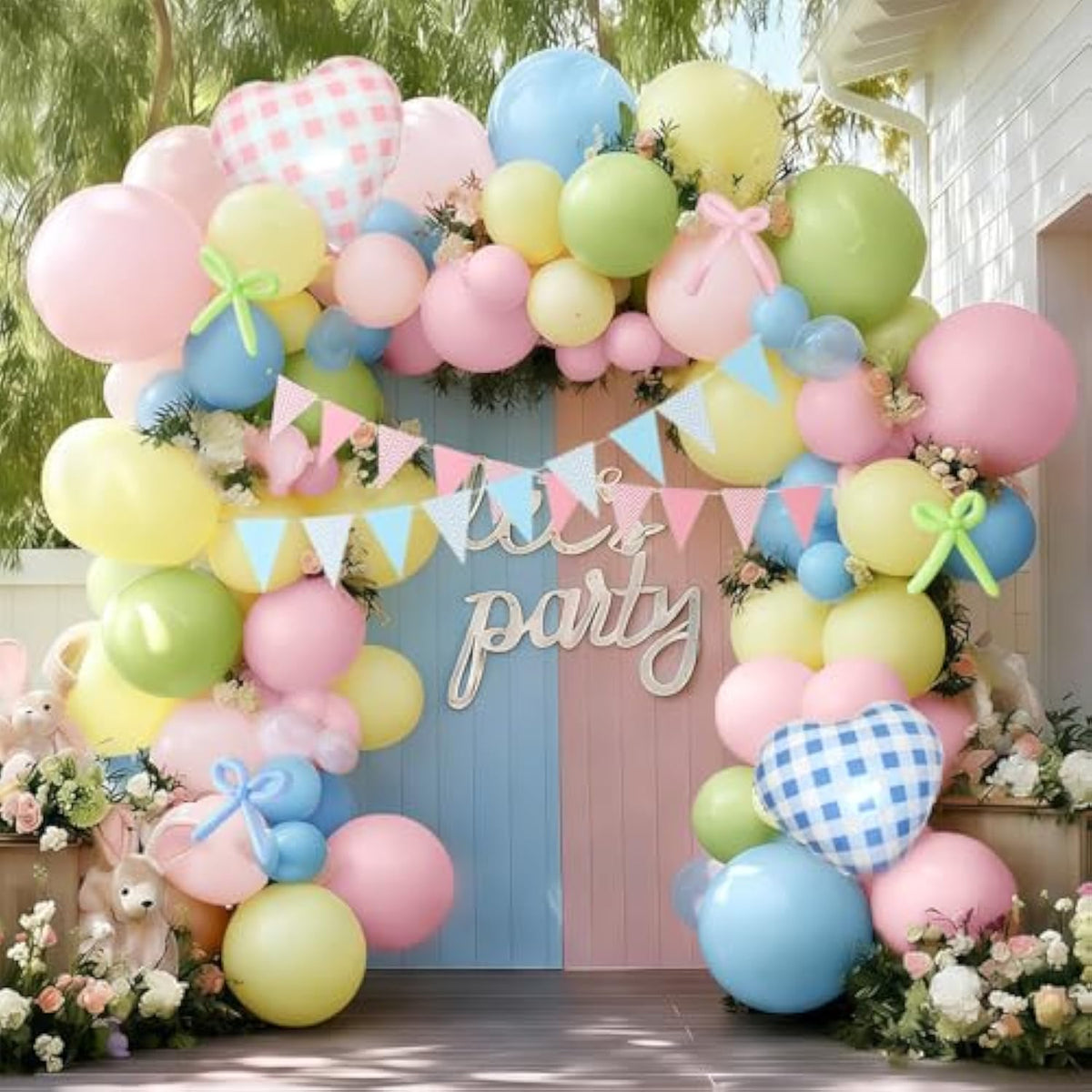 Pastel Balloon Arch Kit Double Stuffed Light Pink Blue Yellow Green Balloon Garland Gingham Heart Foil Balloons Striped Pennant Banner For Easter Baby Shower Birthday Gender Reveal Party Decorations