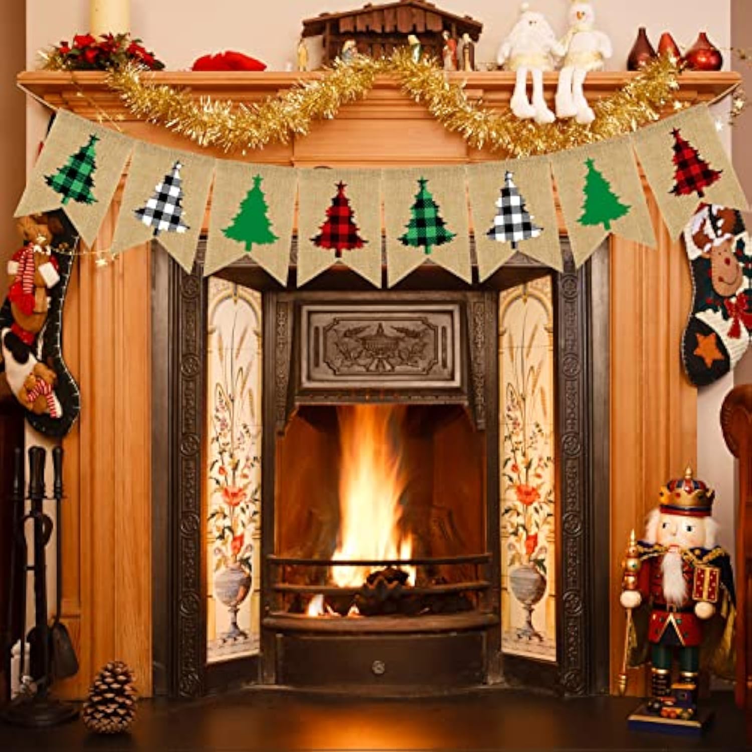 Plaid Christmas Tree Burlap Banner Red Black Buffalo Check Christmas Garland Banner Green Christmas Gingham Banner Holiday Party Banner For Mantle Fireplace Wall Door Xmas Party Supplies Decor