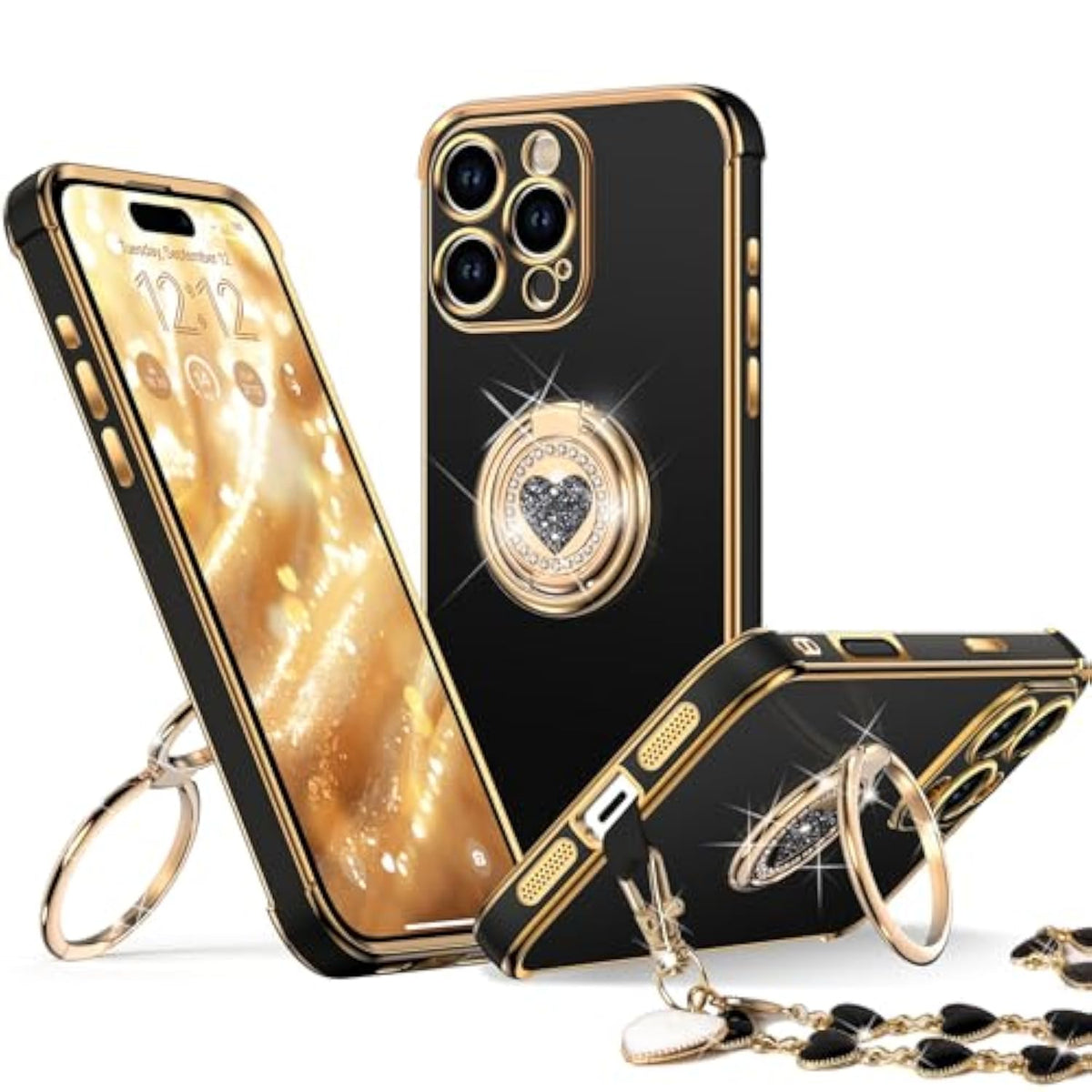 For Iphone 16 Pro Max Case With Stand, Phone Case With Double Ring Kickstand, Women Girls Bling Luxury Protective Case Heart For Iphone 16 Pro Max 6.9 Inch, Black