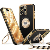 For Iphone 16 Pro Max Case With Stand, Phone Case With Double Ring Kickstand, Women Girls Bling Luxury Protective Case Heart For Iphone 16 Pro Max 6.9 Inch, Black