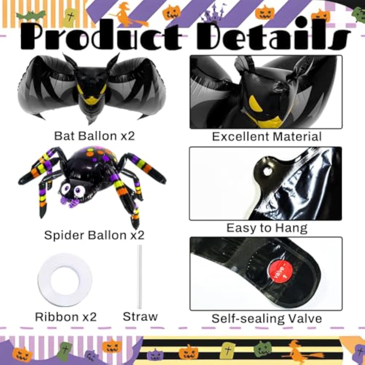 4Pcs Halloween Foil Balloons - 2 Giant Spiders & 2 Bats for Party and Birthday Decorations