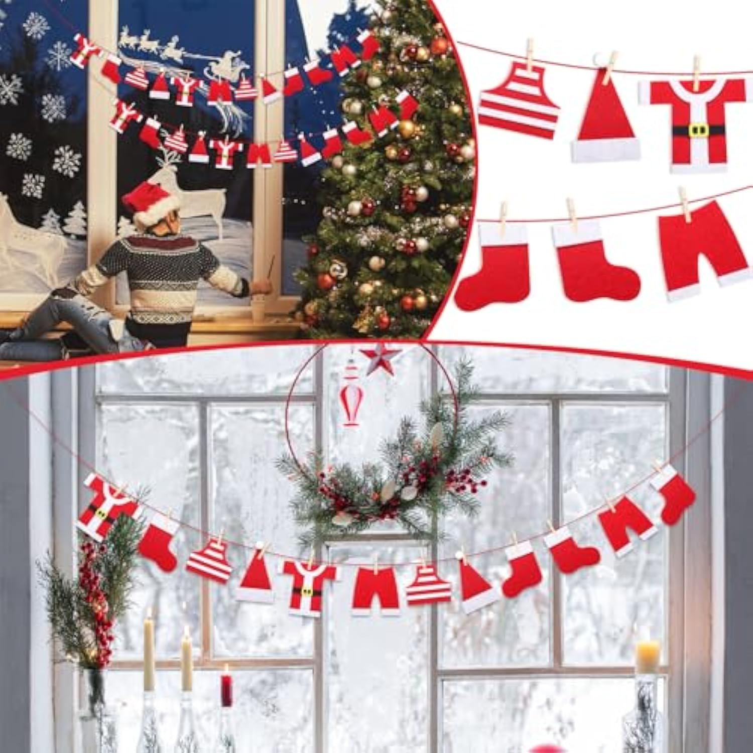 2 Pcs 6Ft Santa'S Clothesline Garland For Christmas Decoration Felt Santa Hat Top Pants Socks Underwear Hanging Decor Door Wall Window For Xmas Holiday Party Favor Supplies