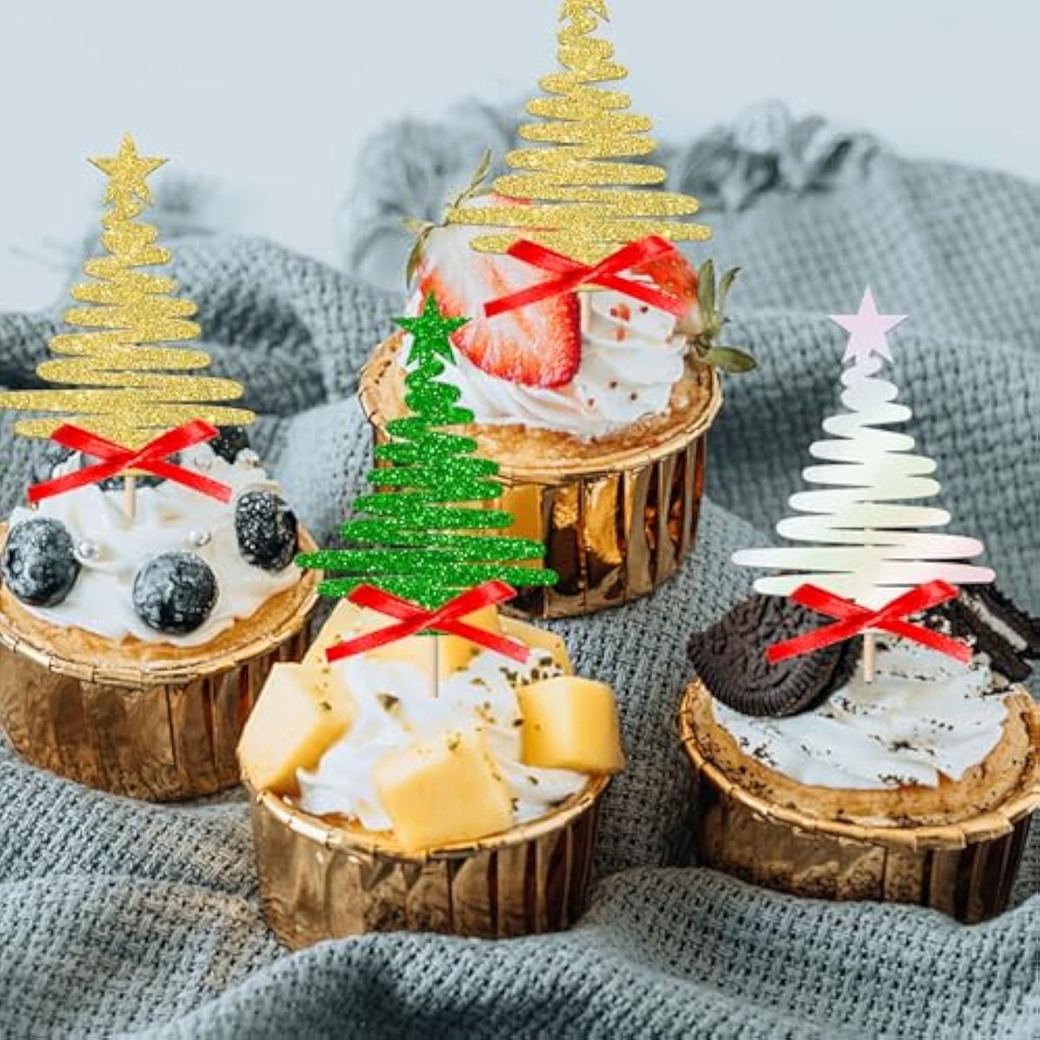 24pcs Christmas Tree Cupcake Toppers Green Glitter Picks for Holiday Parties