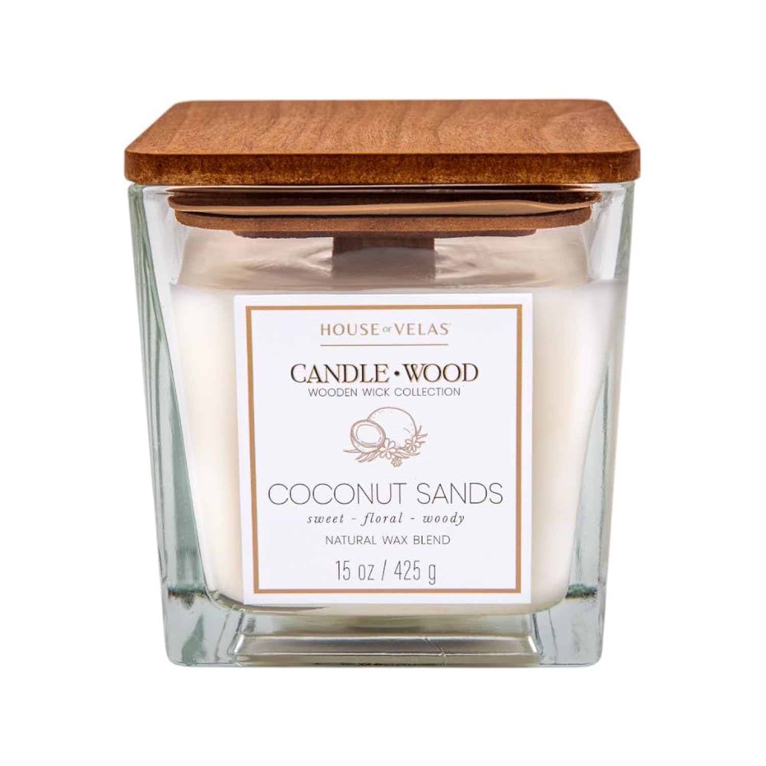 Candle Wood Collection, 15 Oz, 1 Wooden Wick, Coconut Sands, Square Glass Jar Candle