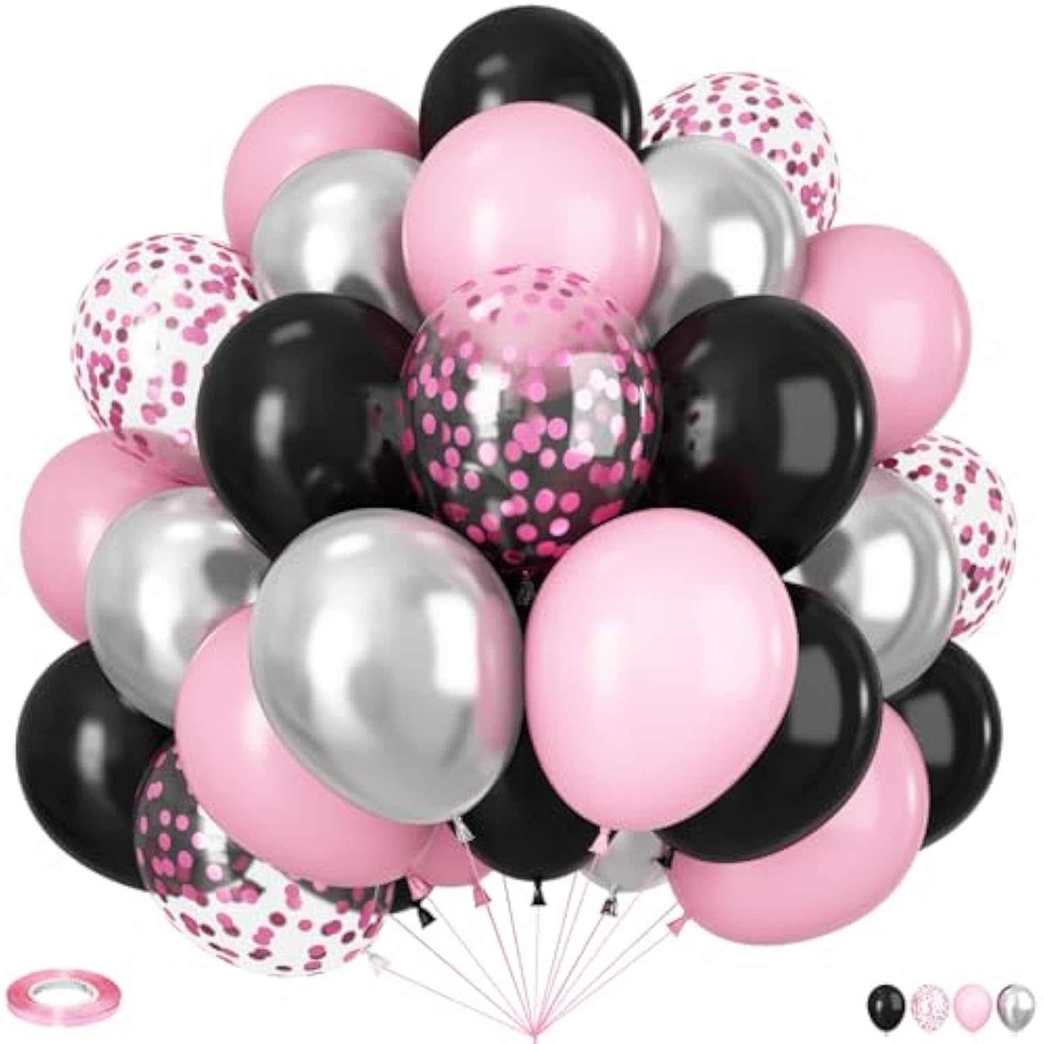 Black And Pink Balloons, 60Pcs 12Inch Black And Pink White Balloons,Metal Silver And Confetti Balloon For Graduation Birthday Baby Shower Anniversary Wedding Bridal Shower Party Decoration