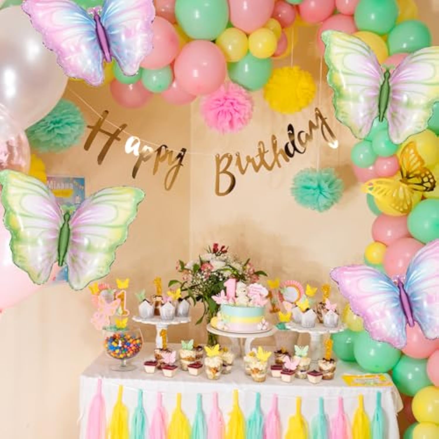 6 Pieces 32 Inches Pastel Butterfly Balloons – Mixed Set Of Iridescent Gradient Foil Mylar Balloons In Blue Green And Pink Purple For Birthday, Baby Shower, Garden Party, Spring Decorations