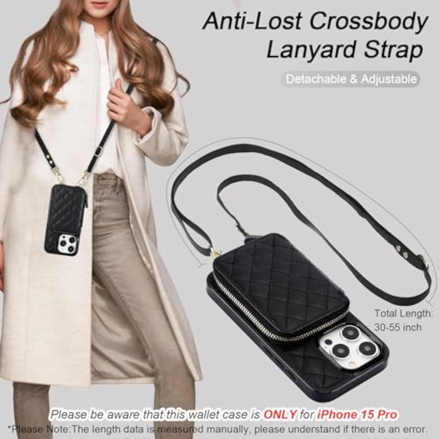 Crossbody Wallet Case For Iphone 15 Pro, Rfid Blocking Pu Leather Zipper Handbag Purse Flip Cover, Kickstand Folio Case With Card Slots Holder Wrist Strap Lanyard 5G 6.1 Inch (Black)