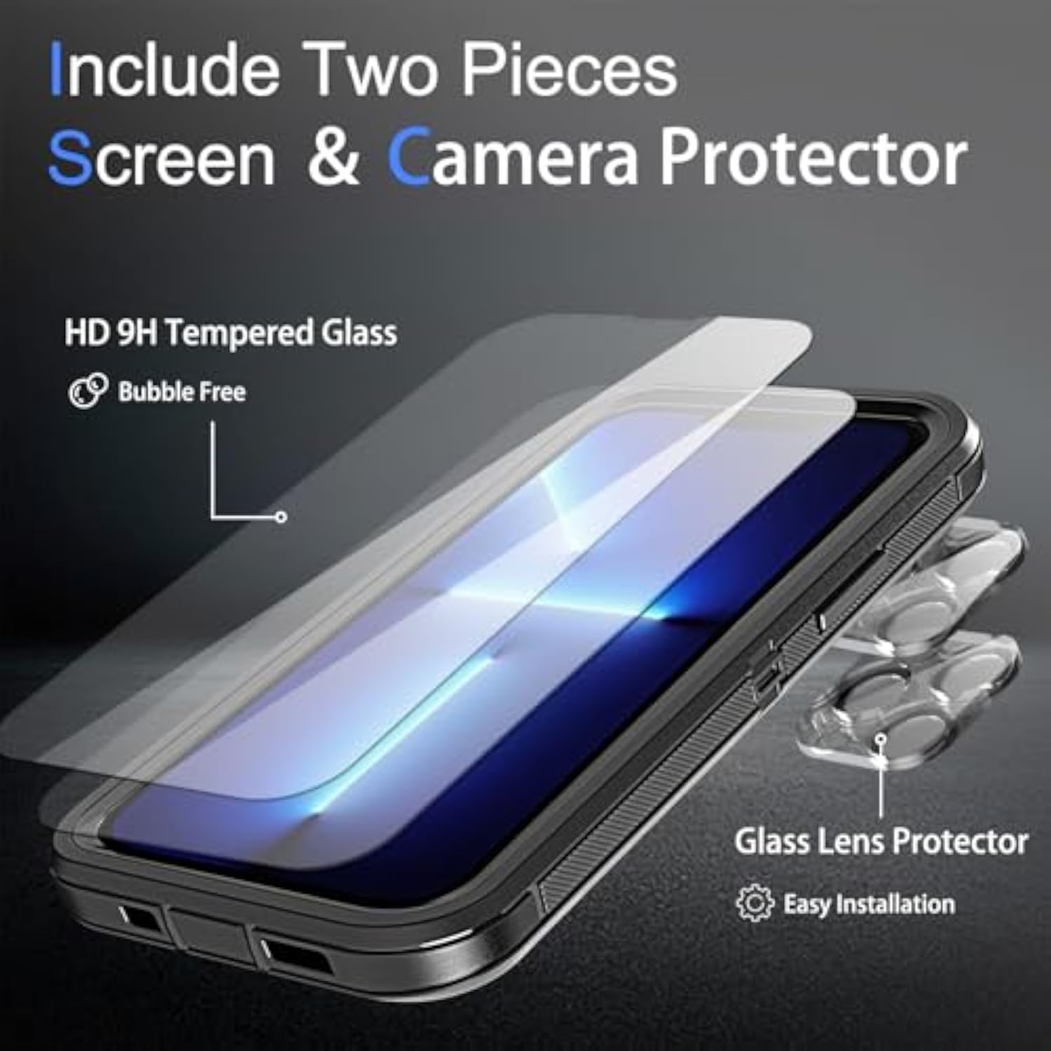 For Iphone 13 Pro Max Case, 2X Glass Screen And Camera Protector, 3 In 1 Heavy Duty Shockproof Drop Protection Stripe Rubber Cover For 13 Pro Max 6.7"-Black
