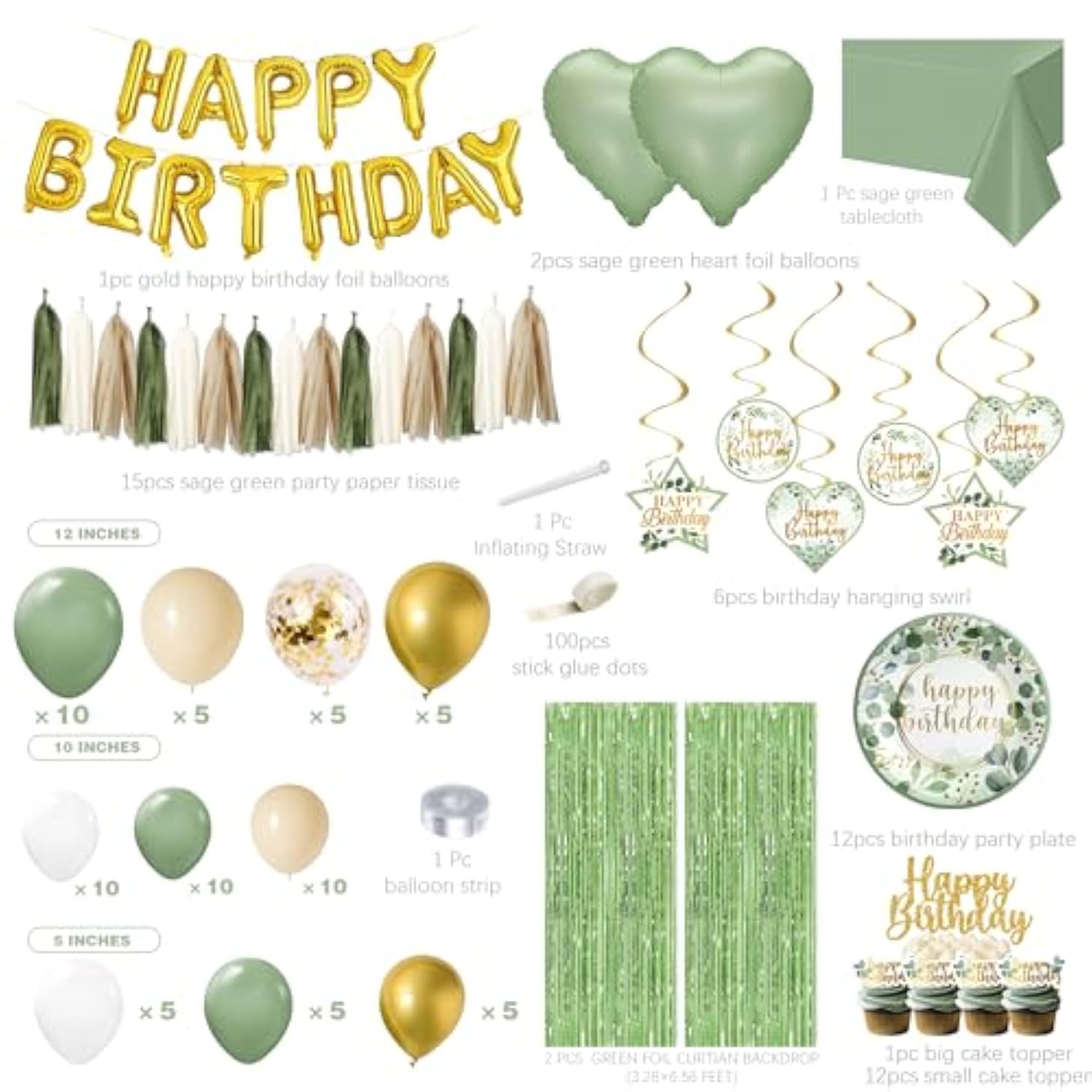 Sage Green Birthday Decorations - Balloon Garland Kit Arch, Happy Birthday Banner, Green Fringe Curtain Tablecloth & Decor For 10Th, 13Th, 16Th, 18Th, 21St & 30Th Birthdays