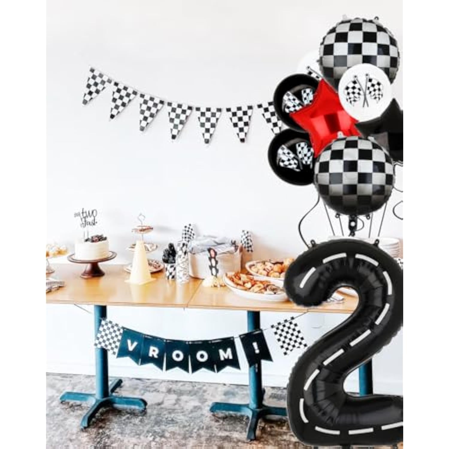 Race Car Birthday Balloon Set: Checkered Flag, Number 2, 40 Inch