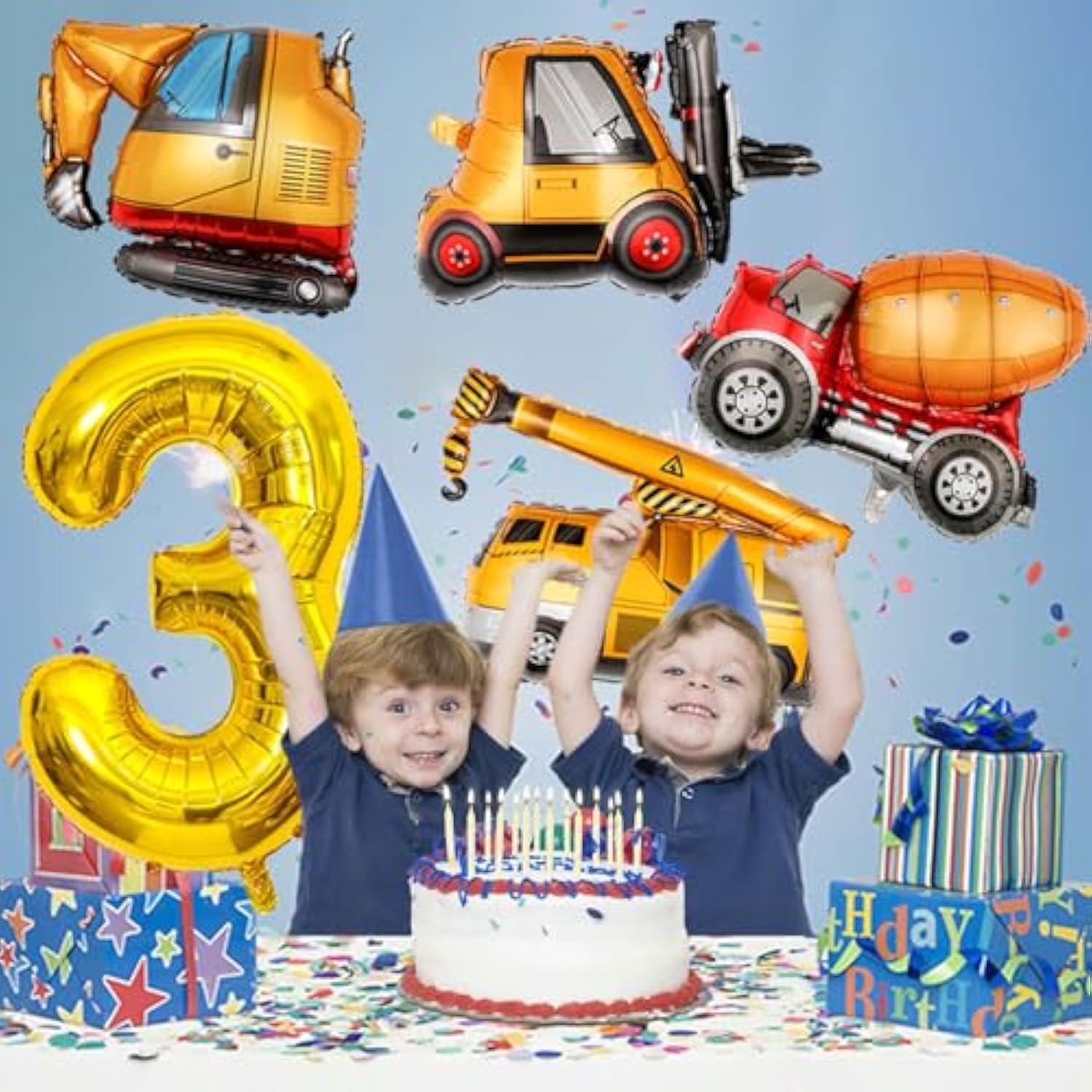 Construction Birthday Party Set 40" Gold Number 3 & Truck Foil Balloons