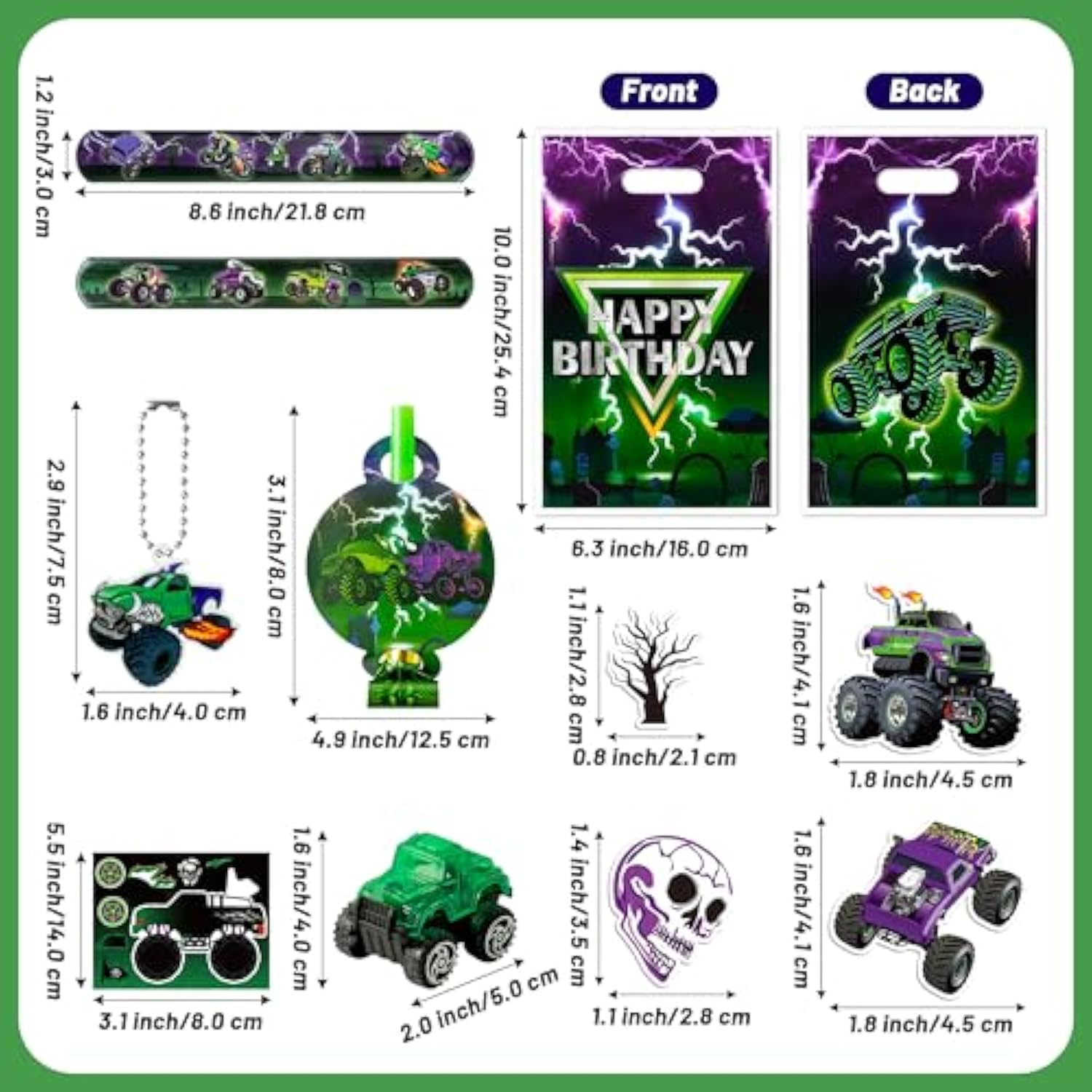 Green Purple Monster Truck Party Favor - 122Pcs Monster Truck Slap Bracelets Sticker Blowouts Noisemaker Mini Vehicles Car Toy Keychain Waith Gift Bag For Kids Birthday Party Goodie Bag Supply
