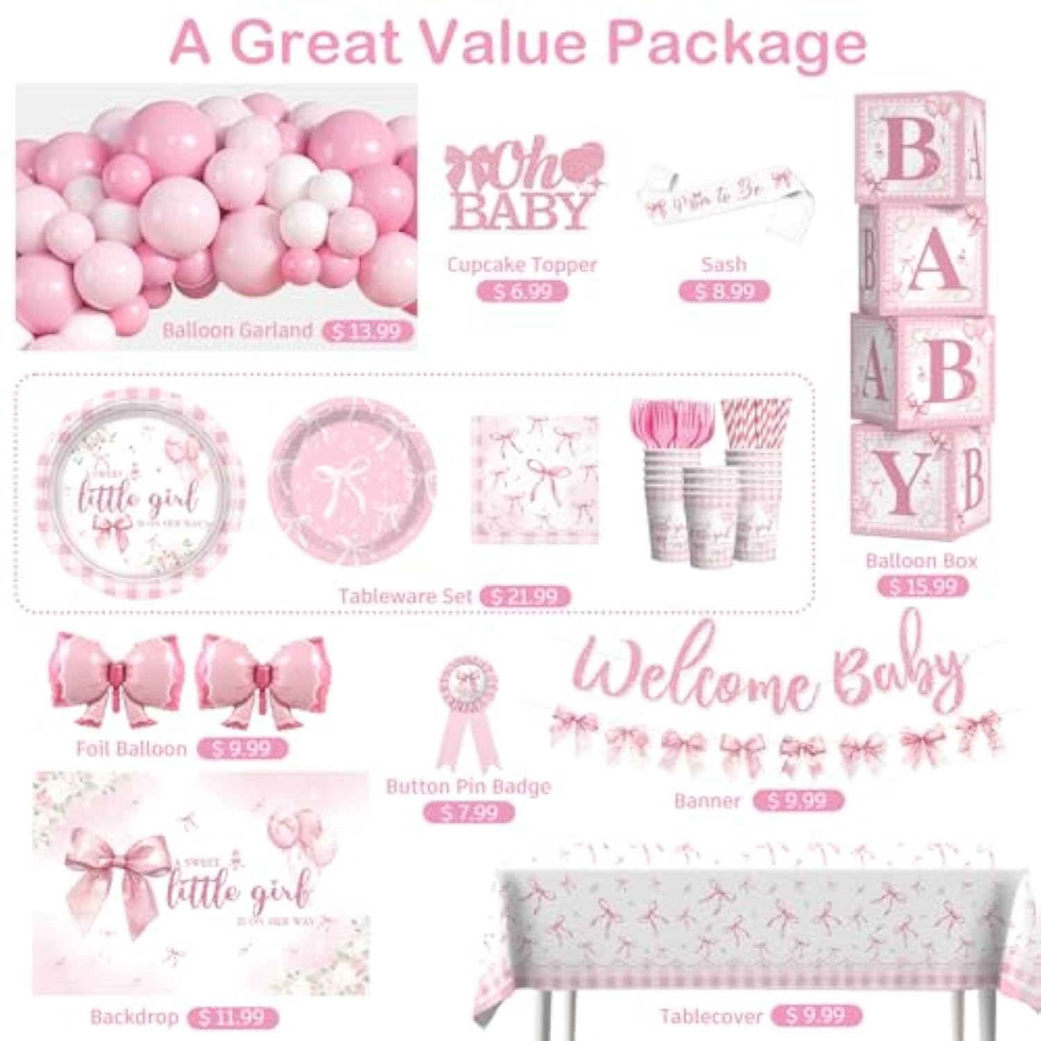 238 Pcs Pink Bow Baby Shower Decorations, All-In-One Party Pack For 20 Guests, Includes Tableware, Backdrop, Banner, Balloons And More For Bow Themed Baby Shower Decorations