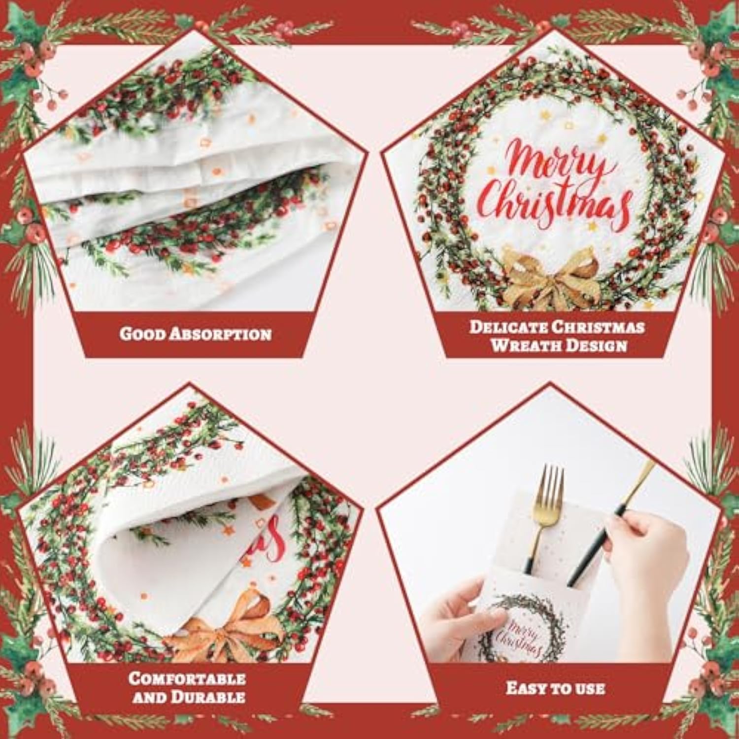 150 Pcs Christmas Disposable Cocktail Napkins With Flatware Pocket Set Merry Christmas Paper Napkins With Cutlery Holders For Xmas Party Silverware Supplies