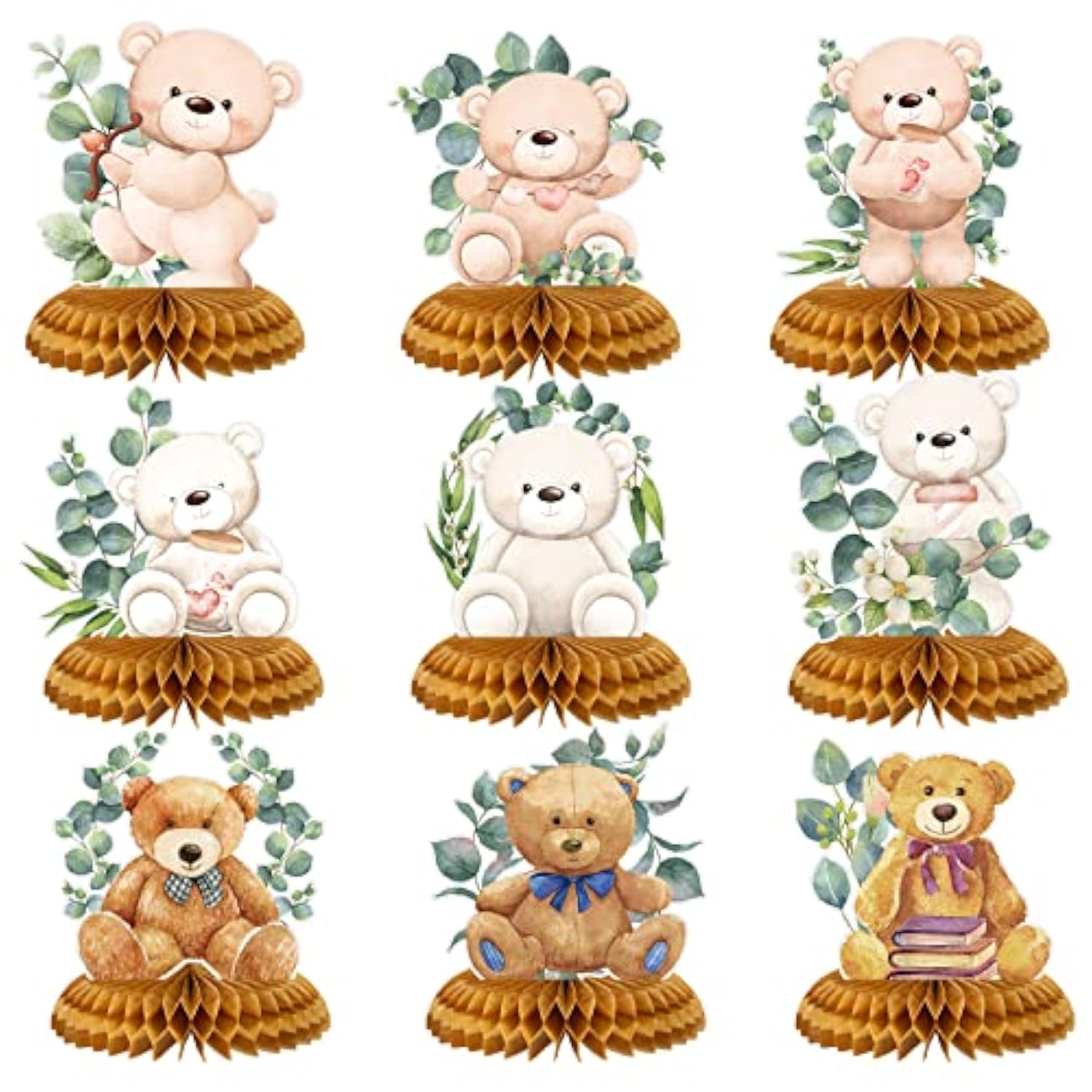 9 Pieces Bear Baby Shower Honeycomb Centerpieces Paper Bear Table Decorations Baby Shower Decorations Table Toppers For Birthday Party Favors Supplies, 9 Styles
