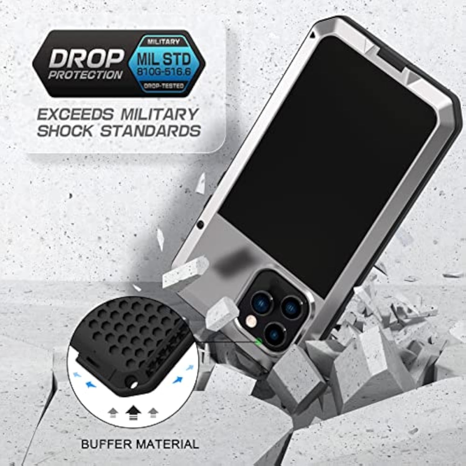 Heavy Duty Metal Case for iPhone 13 Pro 6.1 inch - Shockproof Rugged Cover with Built-in Glass Screen Protector - Silver