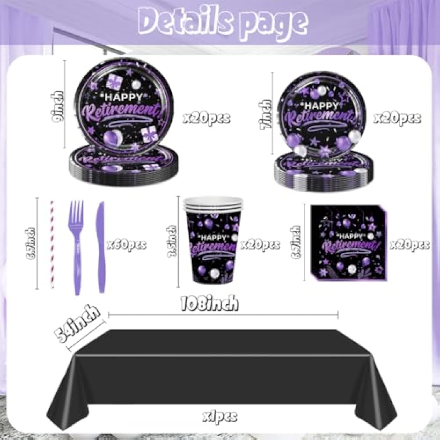 141Pcs Happy Retirement Party Decorations For 20 Guests - Purple And Black Retirement Party Plates And Napkins Forks Cups Cutlery For Men Women Say Goodbye Supplies