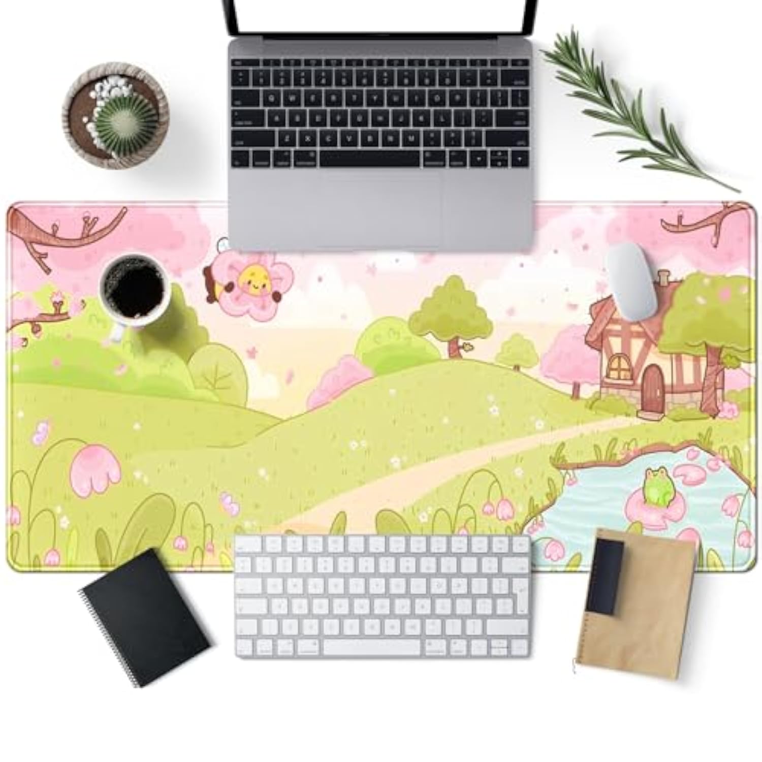Cute Desk Mat Kawaii Large Gaming Mouse Pad Pink Green Sakura Extended Mousepad Xxl Computer Laptop Keyboard Mouse Mat Big Aesthetic Desk Decor Pad 31.5X15.7 In