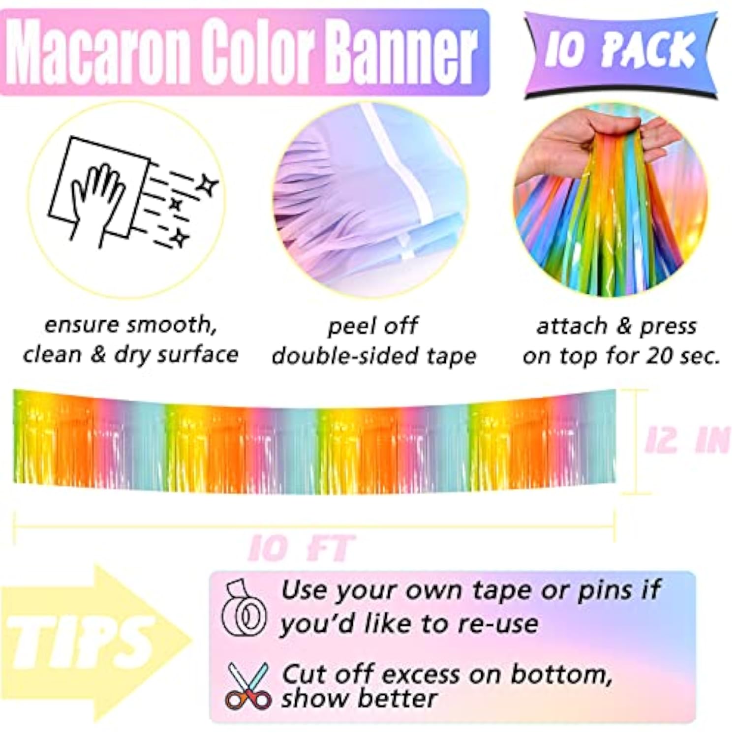 10 Pack 10 Feet Foil Fringe Garland Metallic Tinsel Banner Wall Hanging Curtain Streamers Backdrop For Parade Floats Bachelorette Wedding Birthday Party Thanksgiving Christmas Decorations(Rainbow)