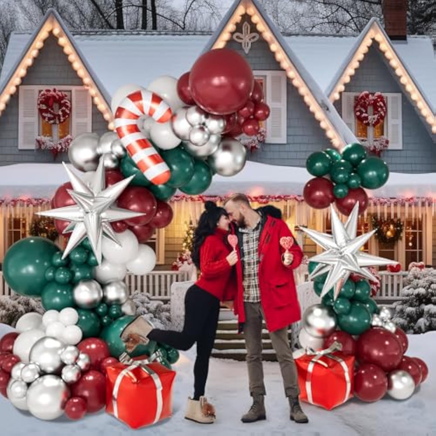 Christmas Balloon Garland Arch Kit With Red Green White Silver Balloons Candy Cane Silver Exploding Star Gift Box Foil Balloons For Christmas Party Decorations Birthday Xmas Party Supplies