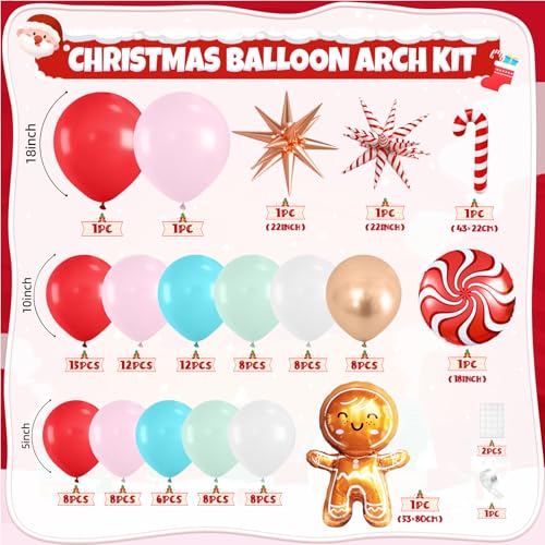 Christmas Balloon Arch Kit, Gingerbread Man Balloon Garland Kit, Red Pastel Green Pink Teal Blue Balloons Christmas Foil Balloons Candy Cane Star for Xmas Birthday New Year Party Decorations