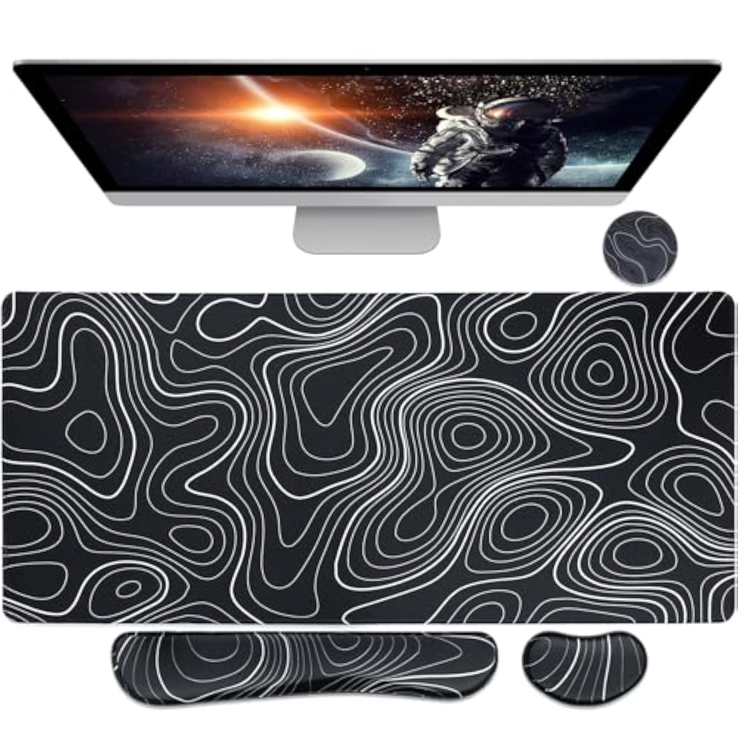 Large Gaming Mouse Pad Xl Desk Mat, 4-In-1 Mouse Pad With Wrist Rest, Large Desk Pad, Keyboard Pad For Office/Home-Black And White Topography (31.5 X 15.7 X 0.12 Inches)