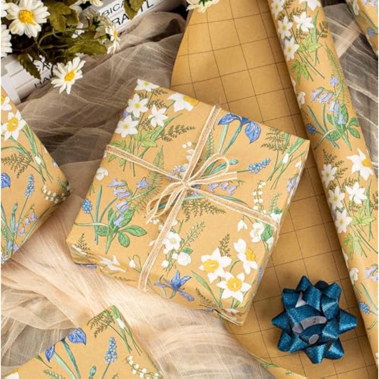 Kraft Floral Wrapping Paper - 17Inch X 33Feet - Elegant Meadow Gift Wrap Boho Garden Watercolor Flower Gift Wrapping Paper For Birthday, Wedding, Mothers Day, Bridal Shower, Engagement