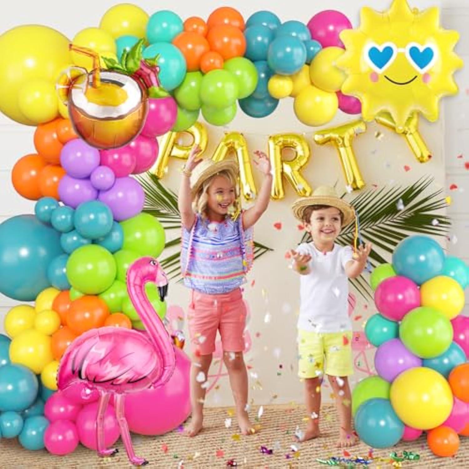164Pcs Summer Tropical Balloon Arch Garland Kit, Rainbow Hot Pink Green Orange Blue Purple Sun Coconut Flamingo Foil Balloons For Hawaiian Luau Aloha Baby Shower Birthday Party Decorations Supplies