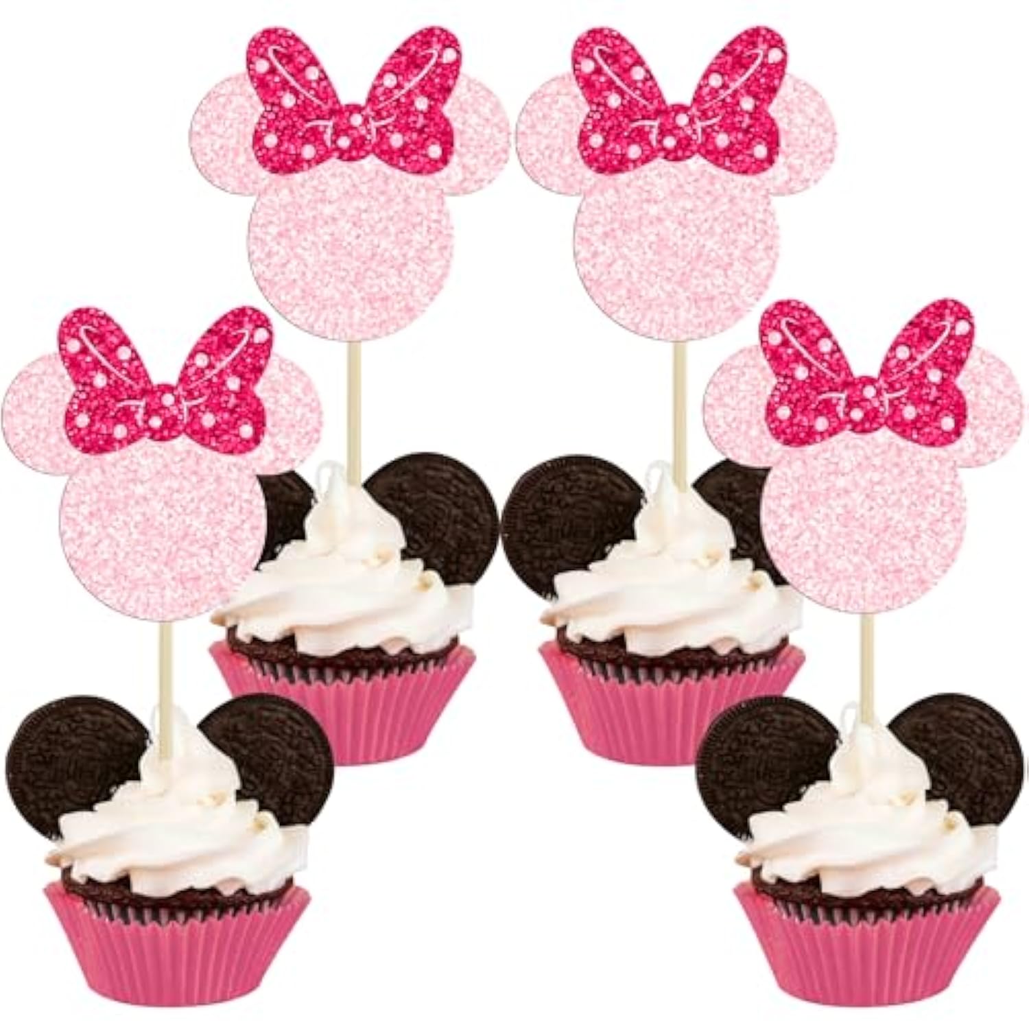 24Pcs Mouse Inspired Cupcake Toppers With Bow Glitter Mouse Cupcake Picks For Baby Shower Wedding Kids Birthday Mouse Themed Party Cake Decorations Pink Rose Red