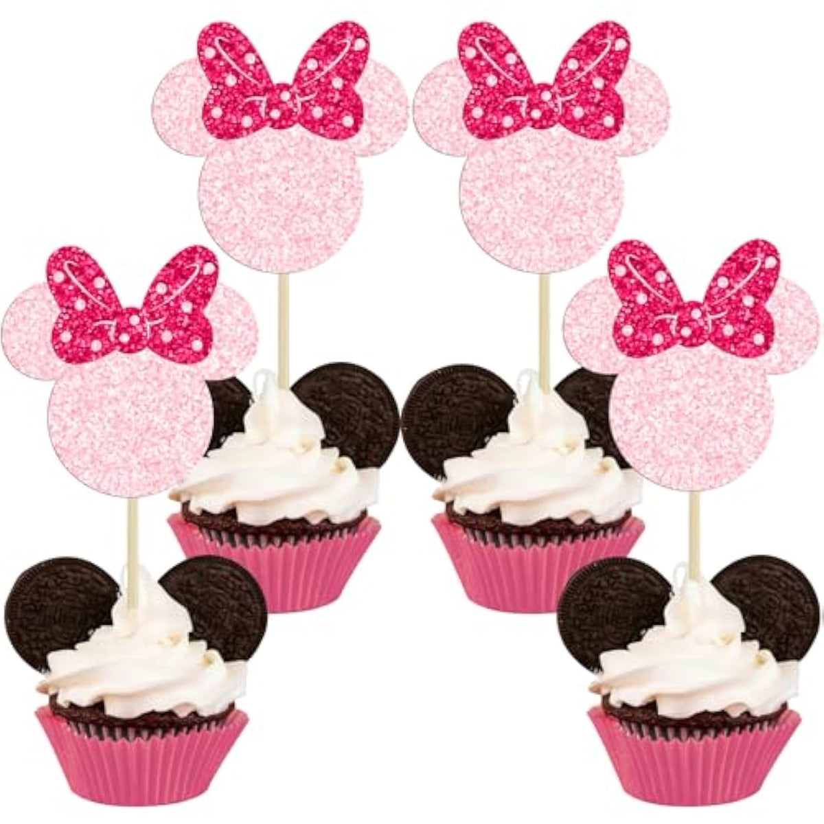24Pcs Mouse Inspired Cupcake Toppers With Bow Glitter Mouse Cupcake Picks For Baby Shower Wedding Kids Birthday Mouse Themed Party Cake Decorations Pink Rose Red