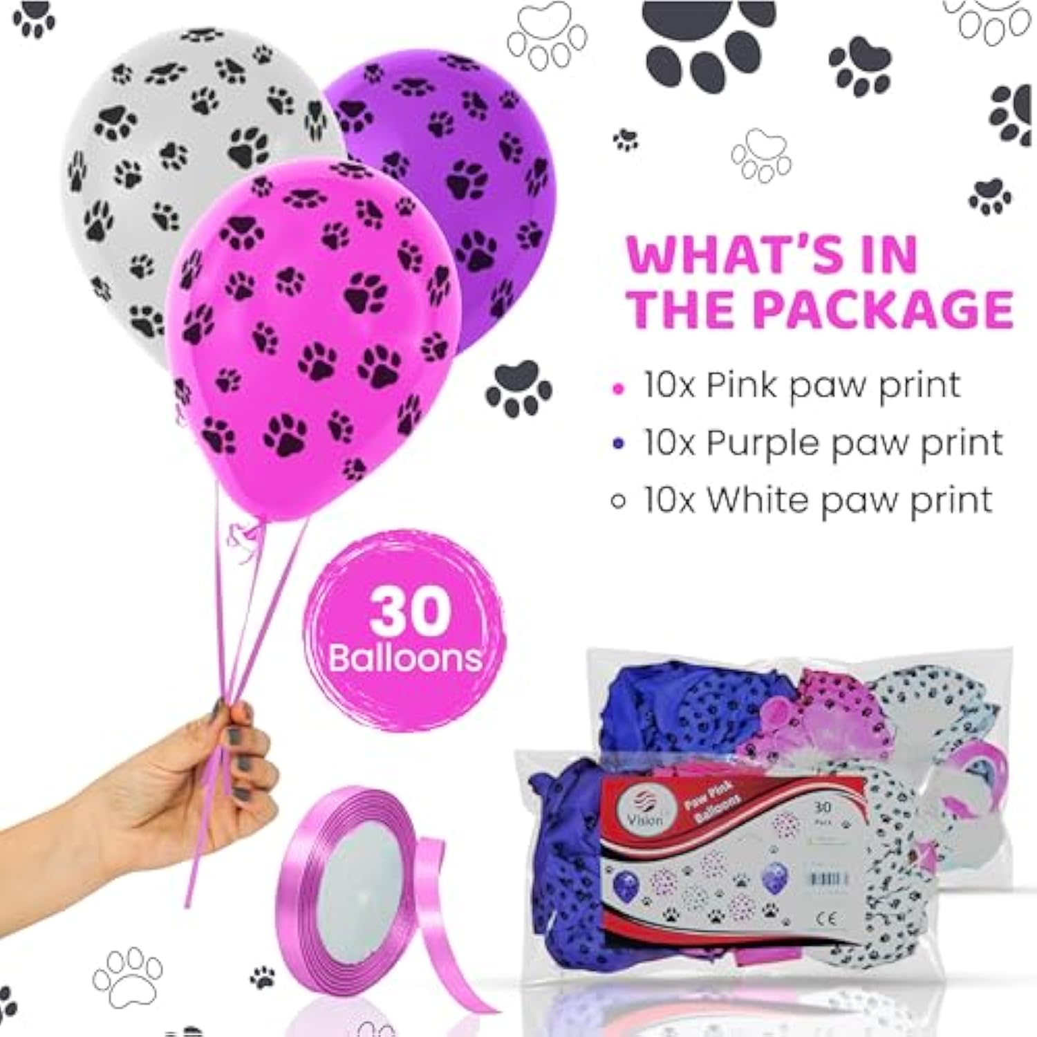 30Pcs Sky Paw Print Patrol Balloons 12" Pink Purple White Birthday Party Set