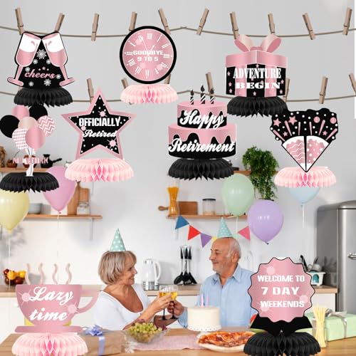 9Pcs Pink Black Happy Retirement Decorations Table Honeycomb Centerpieces Party Supplies Rose Gold Black Retirement Adventure Awaits Sign for Women Retired Decor Goodbye Signs