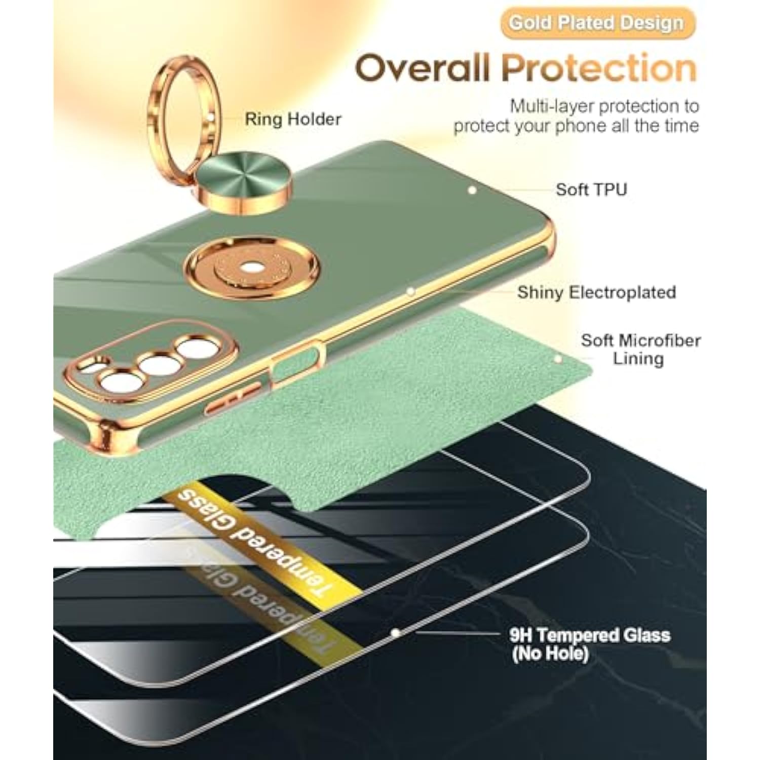 For Moto G Stylus 5G 2022 Case: With Tempered Glass Screen Protector [2 Pack] 360° Rotatable Ring Holder Magnetic Kickstand, Plating Rose Gold Edge For Moto G Stylus 5G 2022 Case, L-Green