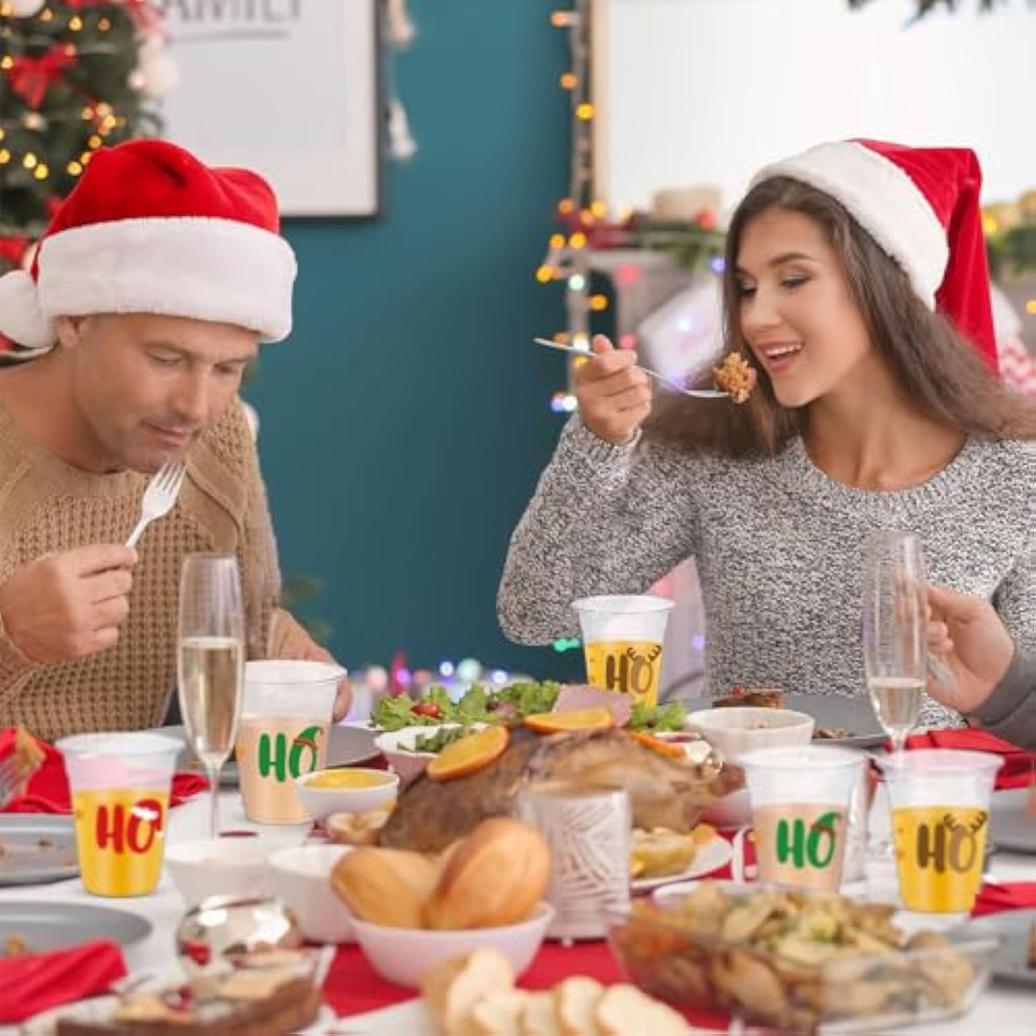 50 Pcs Christmas Cups 12 Oz Bulk Disposable Plastic Merry Xmas Cups Ho Ho Ho Christmas Party Drinking Beverage Cups For Winter Holiday Christmas Party Decoration Tableware Supplies