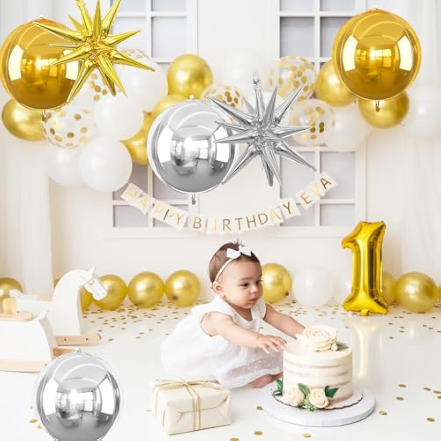 6Pcs Gold Silver Foil Balloons,22Inch Silver Gold 4D Round Ball Balloon And Explosion Star Balloon For Birthday Wedding Baby Shower Prom Party Anniversary Decorations