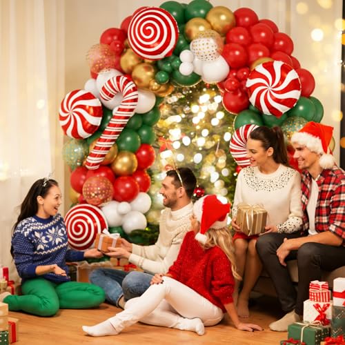 167PCS Christmas Balloon Garland Arch Kit, Red Green White Gold Balloons Arch Kit with Large Candy Cane Swirl Mylar Foil Balloons Xmas Party Garland Balloons, Rich for Christmas Party Decorations
