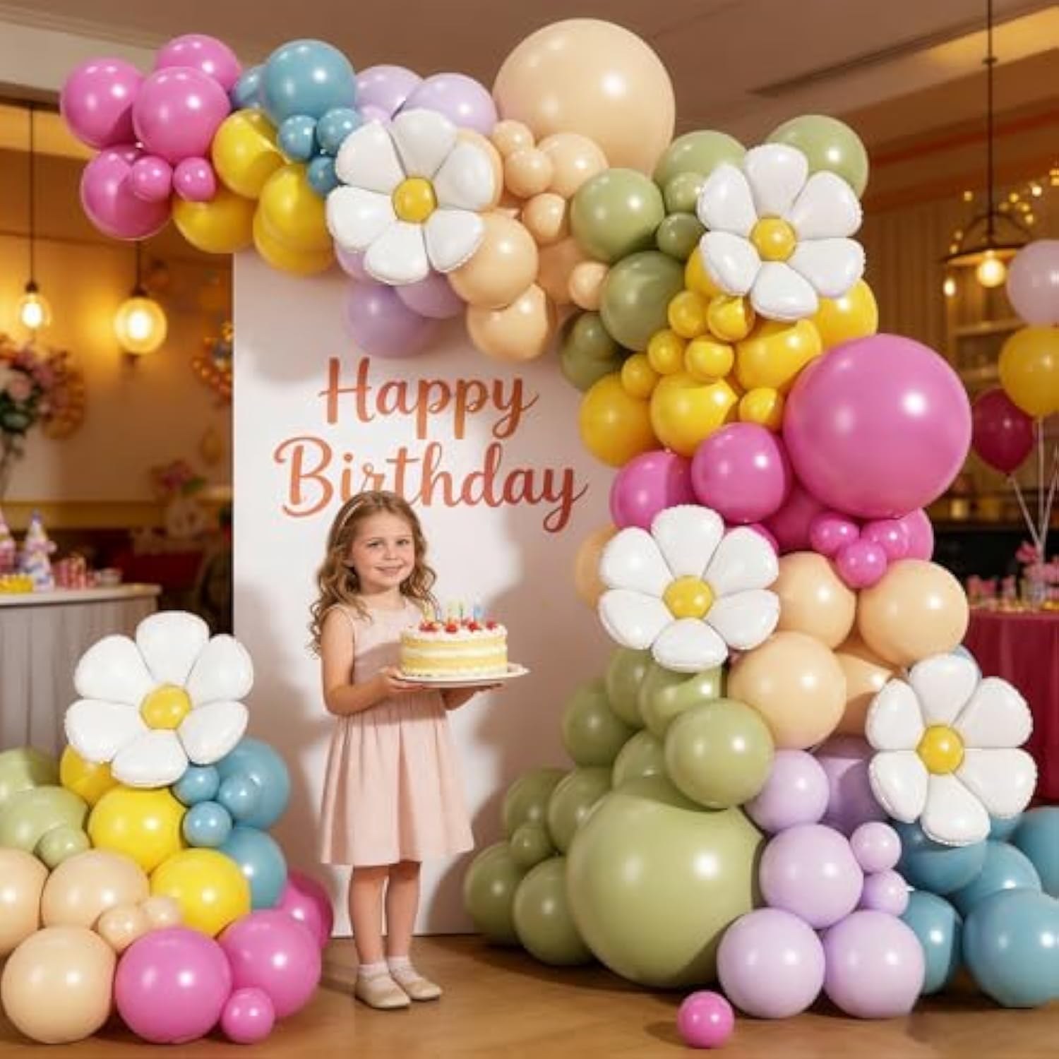 Daisy Pastel Balloon Garland Kit, 168Pcs Pink And Green Yellow Wildflower Party Decorations For Wild Flower Baby In Bloom Baby Shower Spring Daisy Theme Birthday Boho Mothers Day Party Decorations