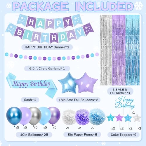 Blue and Purple Birthday Decorations, 50PCS Winter Birthday Party Decorations with Blue Purple Silver Balloons Banner Sash Fringe Curtain, Winter Wonderland Decorations Party Supplies for Women Girls