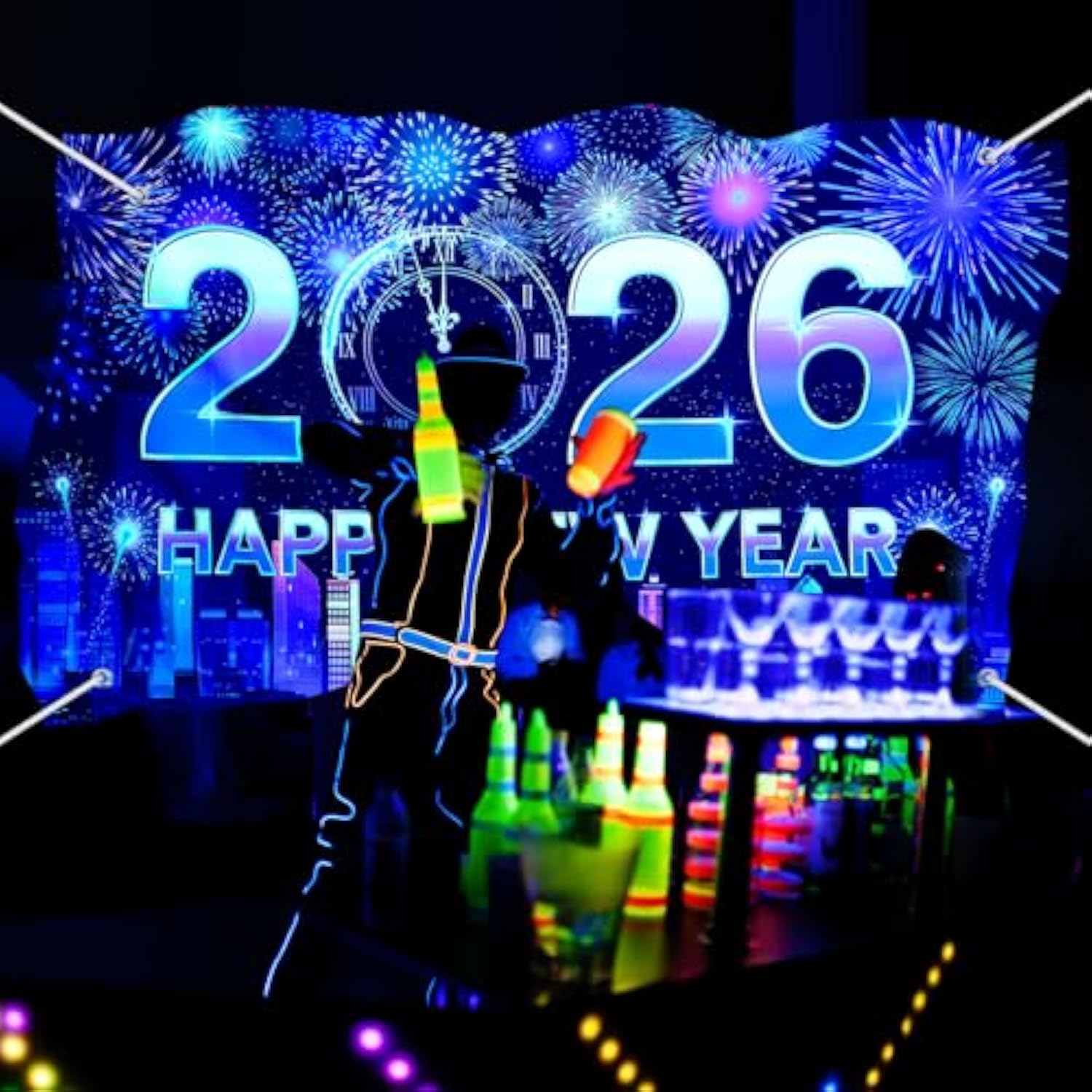 Neon Happy New Year 2026 Banner 71x43in for Indoor & Outdoor Party Decor
