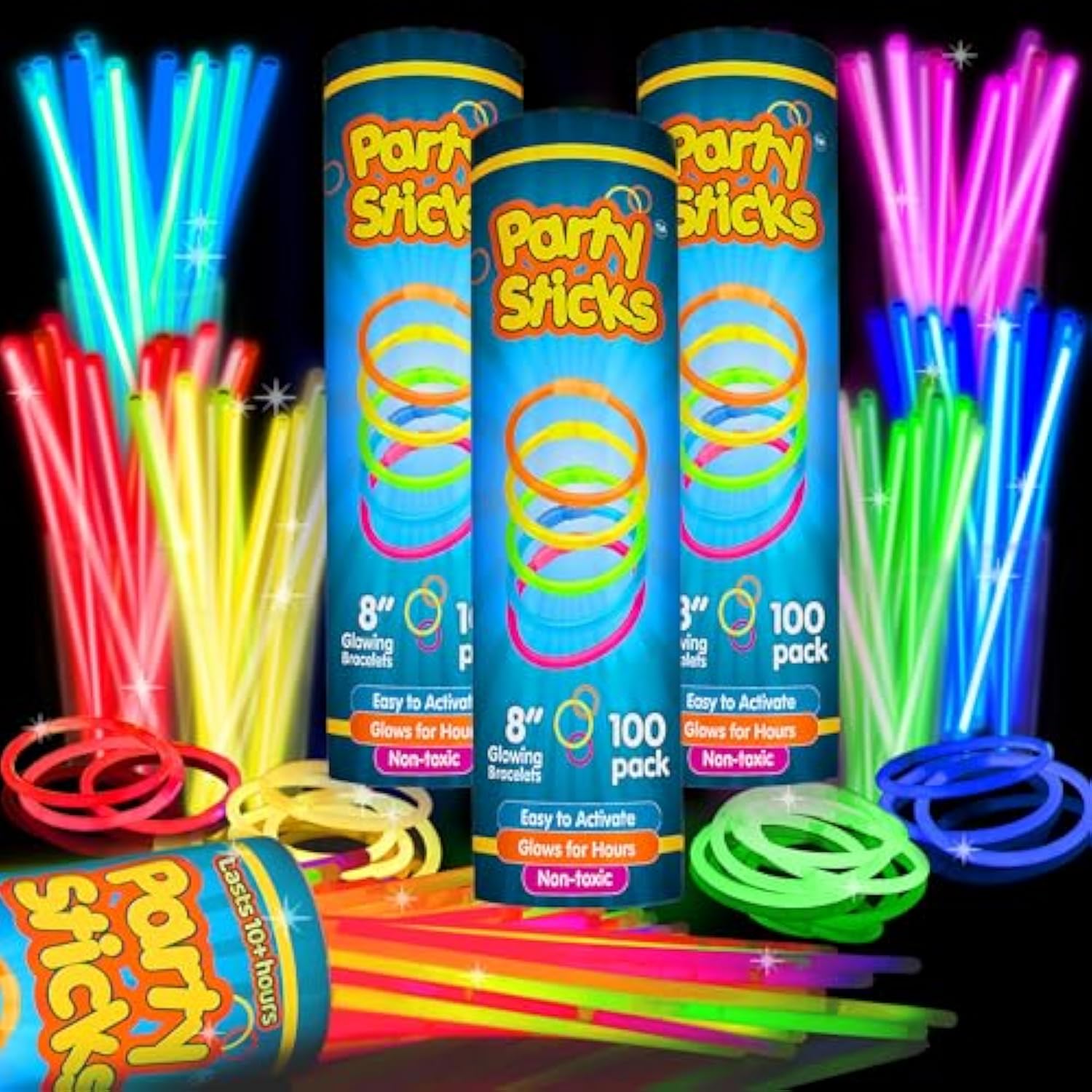 PartySticks 300 Ultra Bright Glow Sticks Jewelry Bulk Party Favors and Connectors - 8" Glow in The Dark Party Supplies, Neon Party Glow Necklaces and Glow Bracelets for Kids and Adults
