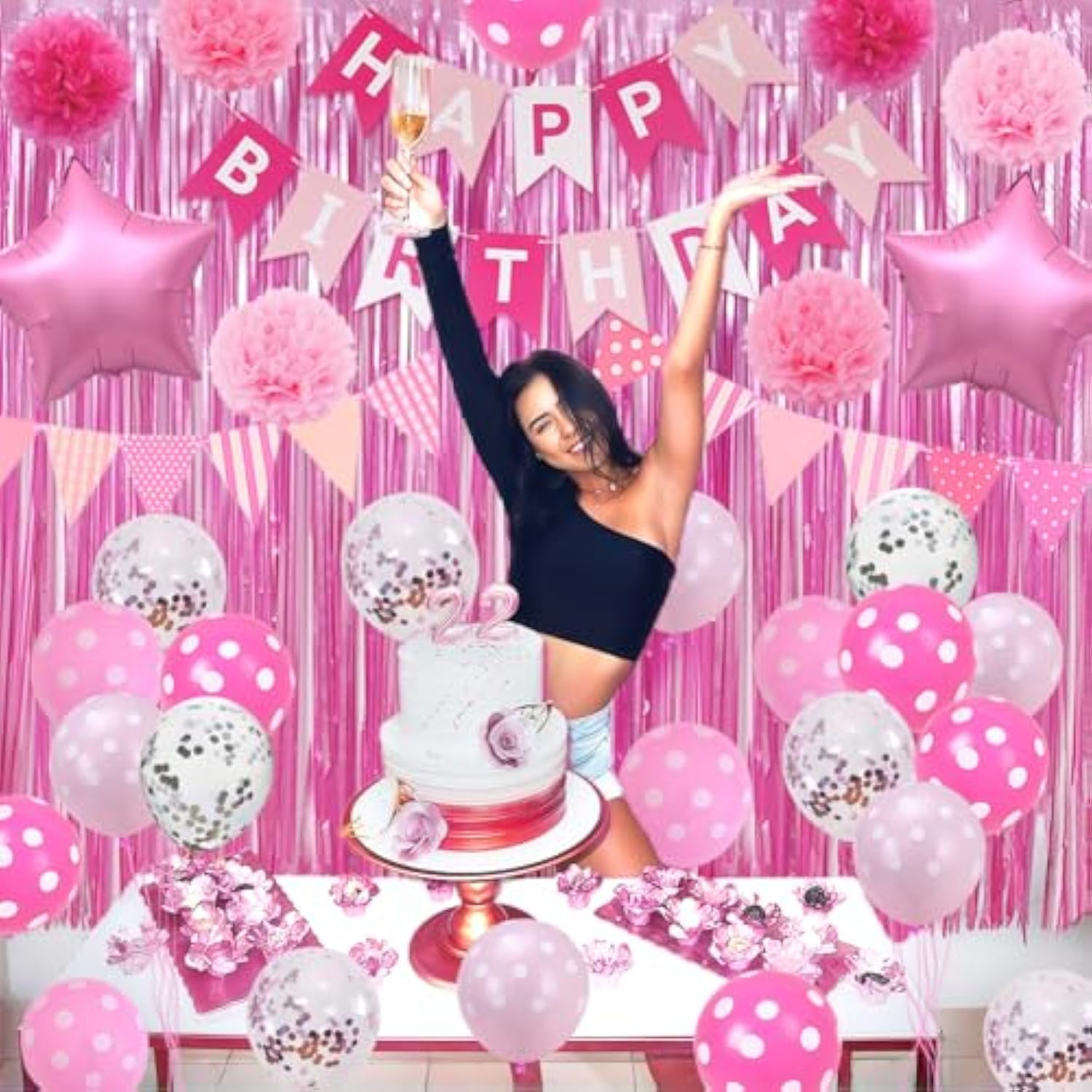 Pink Birthday Party Decorations, Light Pink And White Decor With Happy Birthday Banner, Tissue Pom Pom Flowers, Hot Pink And White Balloons, Pink Foil Curtain, Bday Party Supplies For Women
