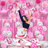 Pink Birthday Party Decorations, Light Pink And White Decor With Happy Birthday Banner, Tissue Pom Pom Flowers, Hot Pink And White Balloons, Pink Foil Curtain, Bday Party Supplies For Women